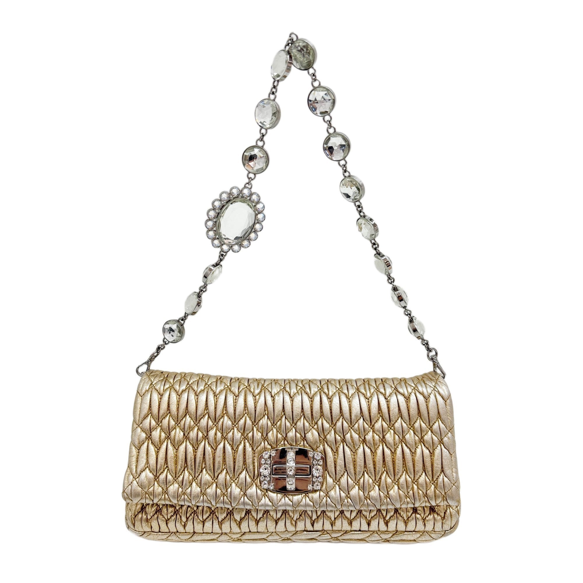 Matelasse Nappa Gold Leather Crystal Shoulder Bag
