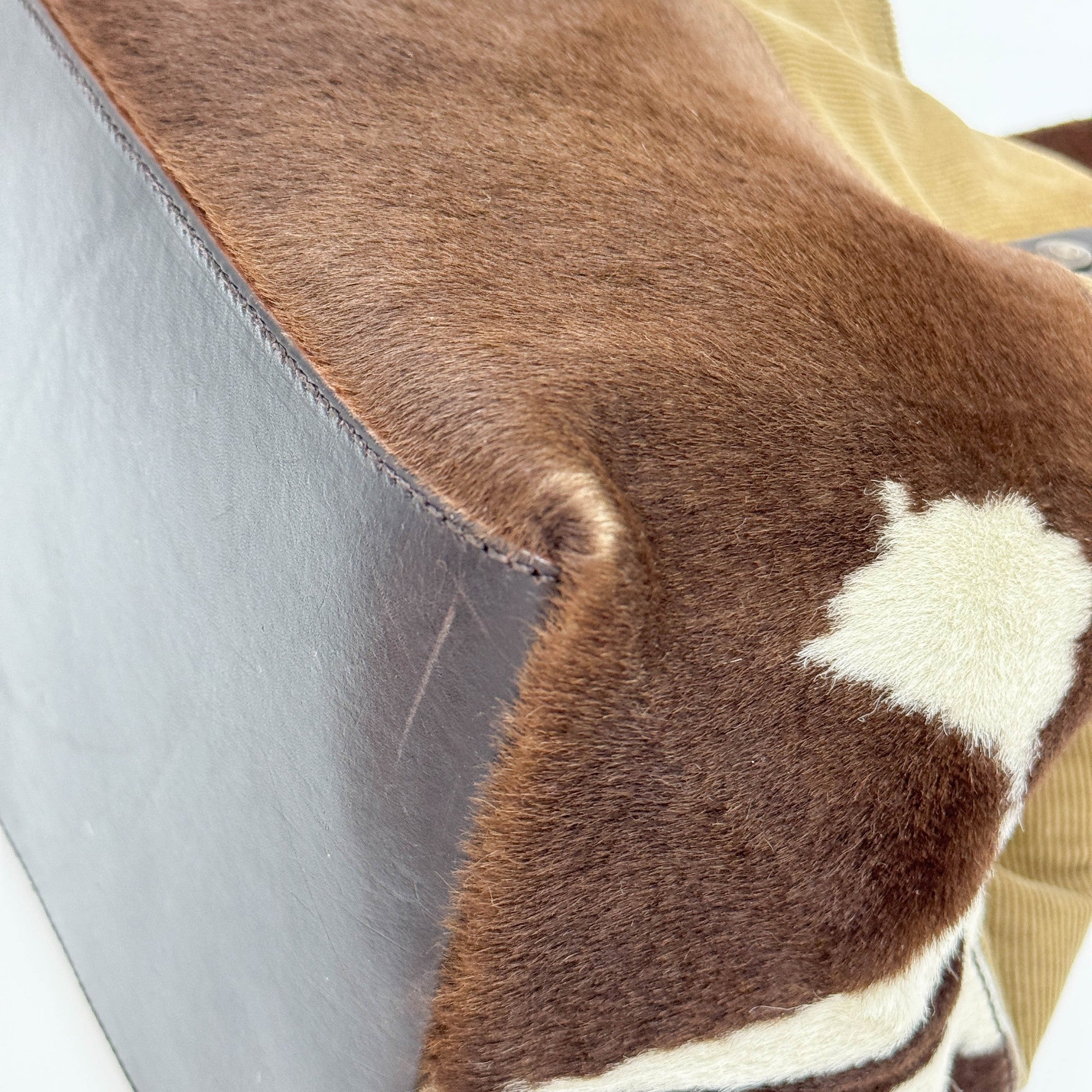 Brown Cow Print Pony Hair & Khaki Corduroy Shoulder Bag