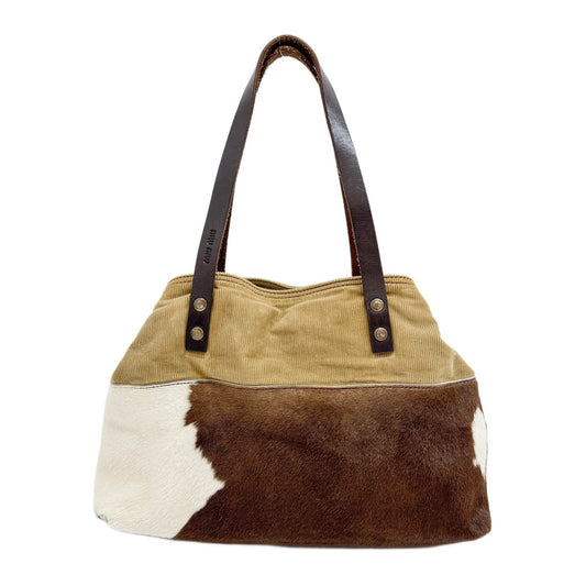 Brown Cow Print Pony Hair & Khaki Corduroy Shoulder Bag