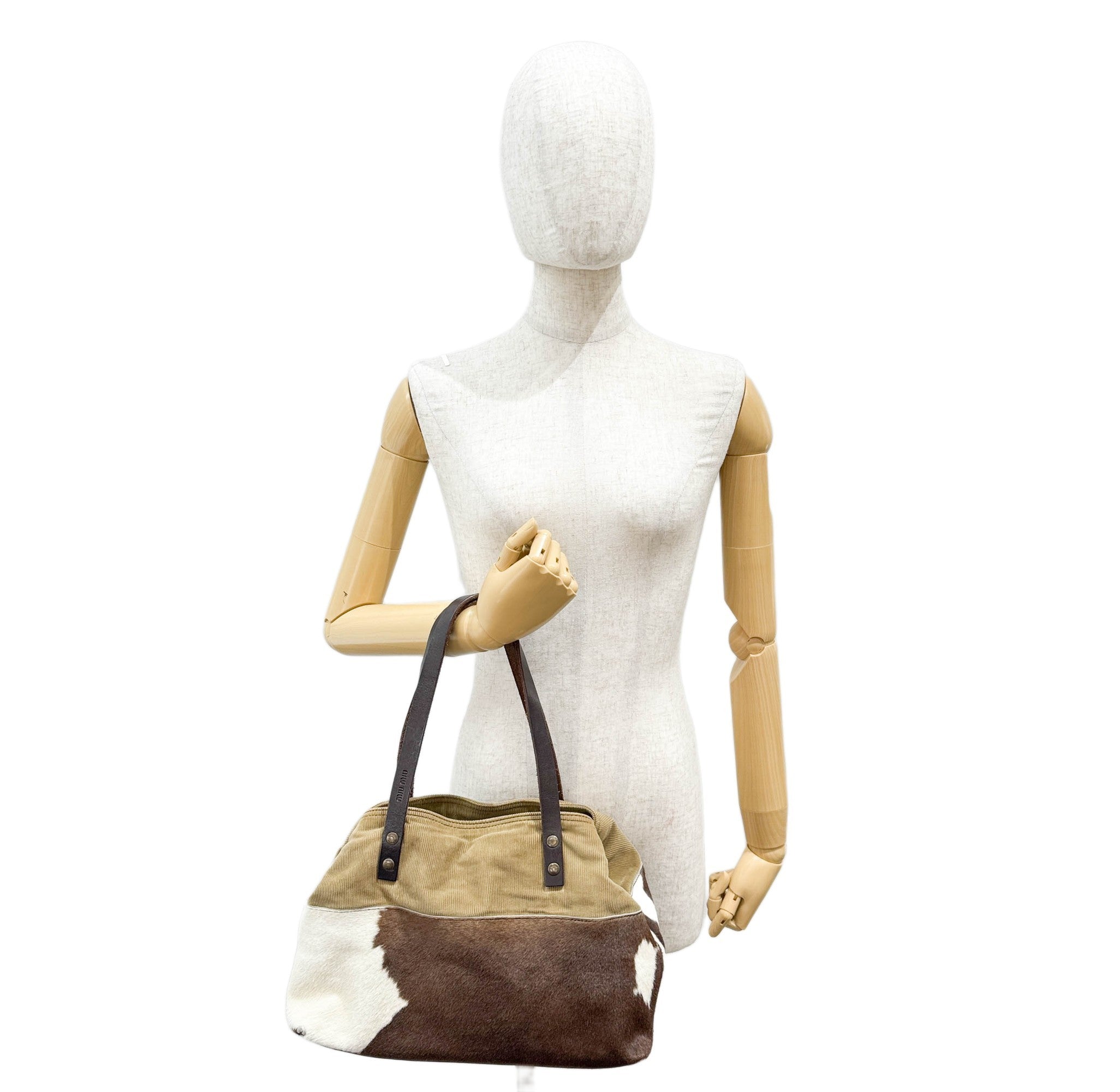 Brown Cow Print Pony Hair & Khaki Corduroy Shoulder Bag