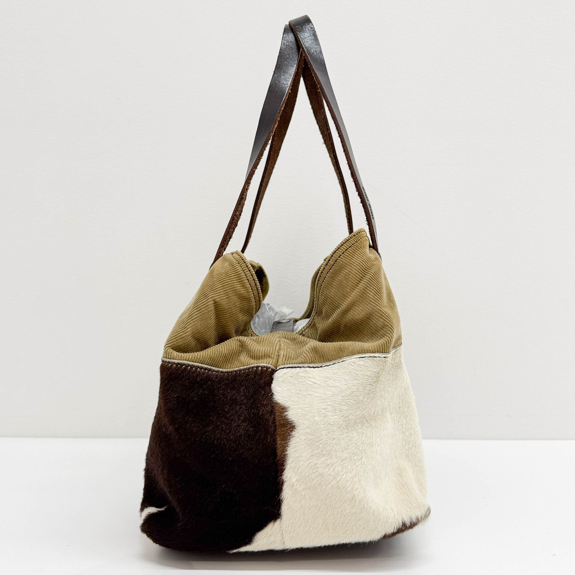 Brown Cow Print Pony Hair & Khaki Corduroy Shoulder Bag