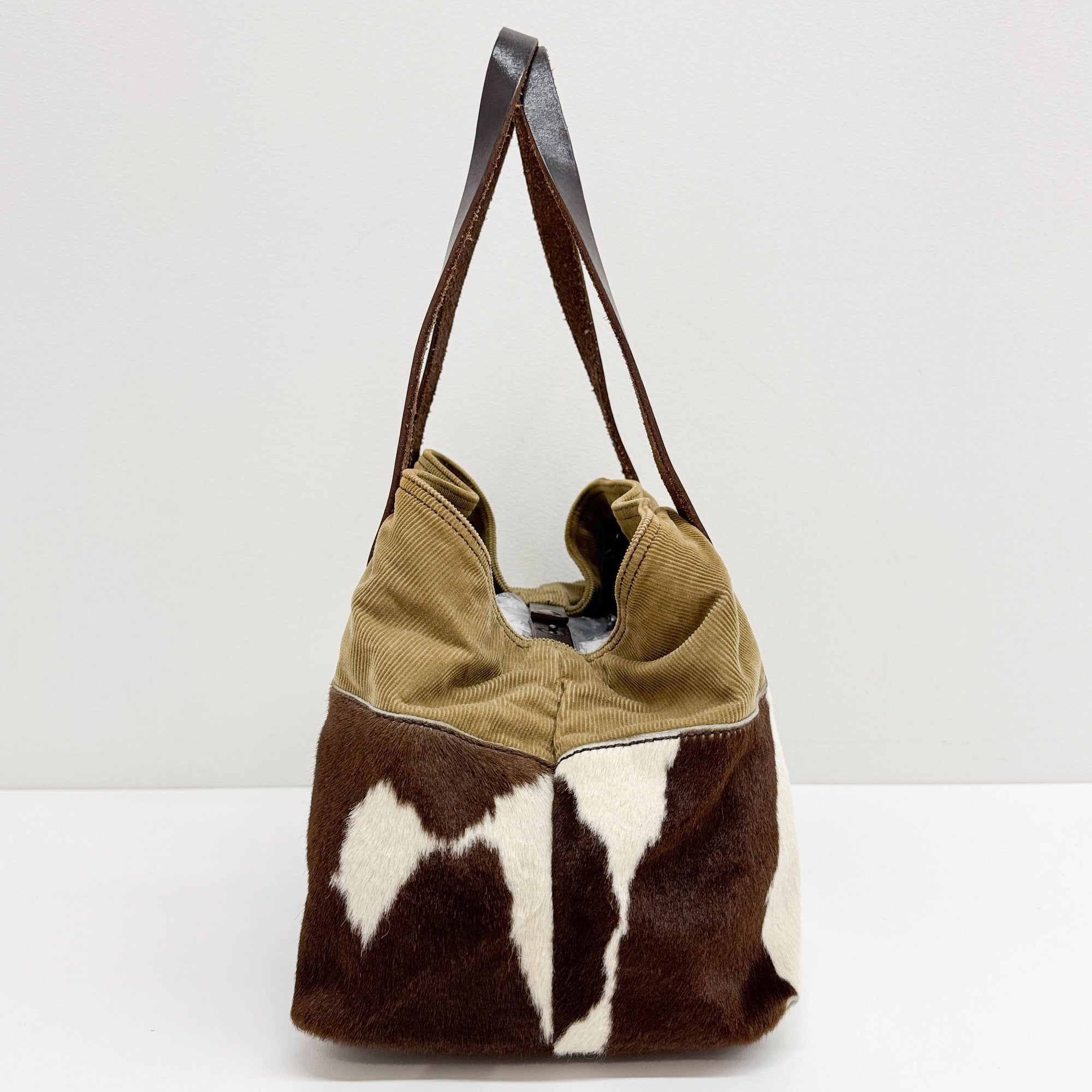 Brown Cow Print Pony Hair & Khaki Corduroy Shoulder Bag