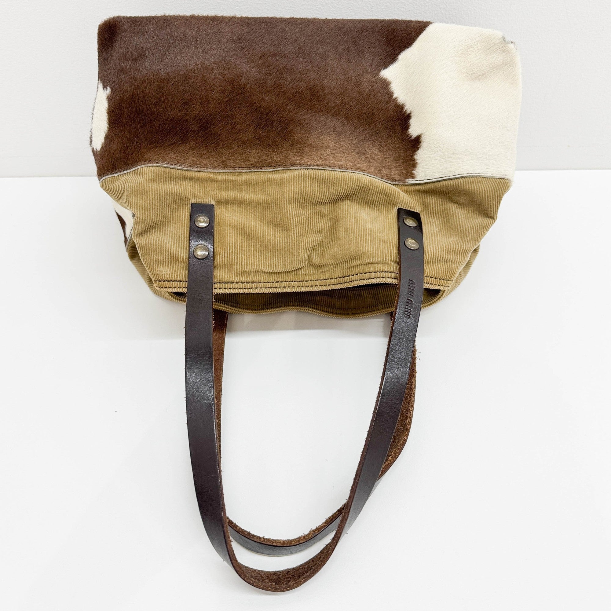 Brown Cow Print Pony Hair & Khaki Corduroy Shoulder Bag