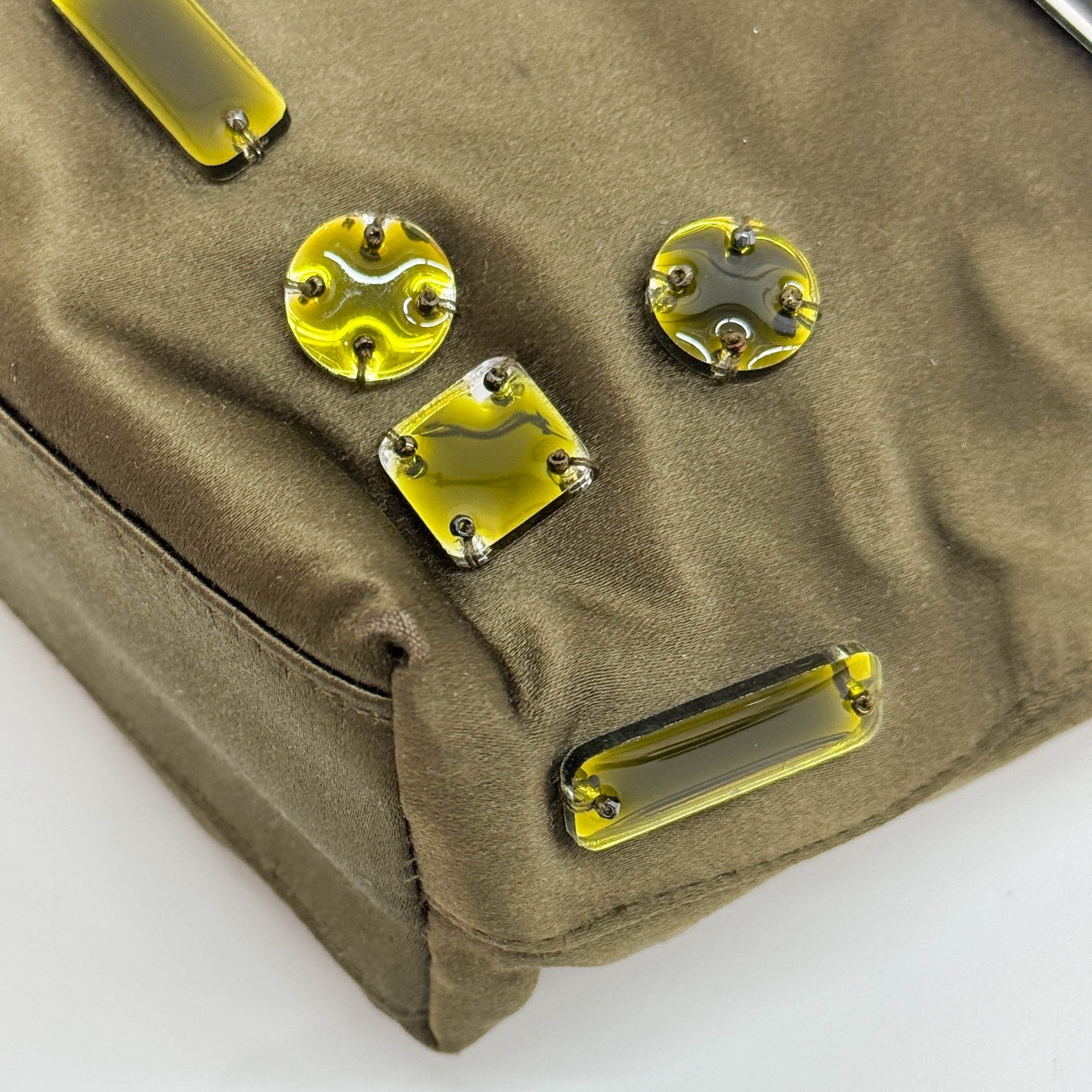 Bijoux Embroidery Olive Green Satin Handle Bag