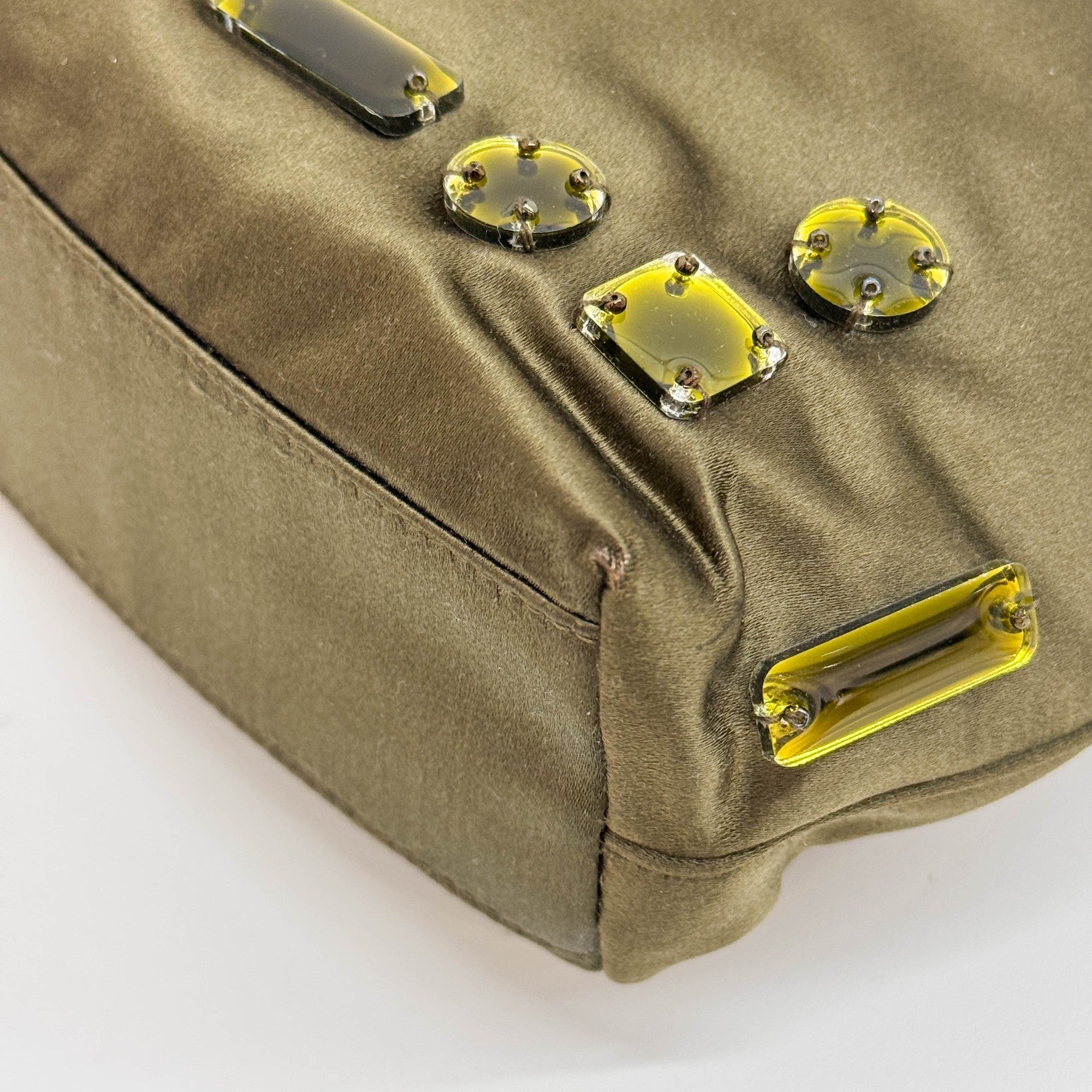 Bijoux Embroidery Olive Green Satin Handle Bag