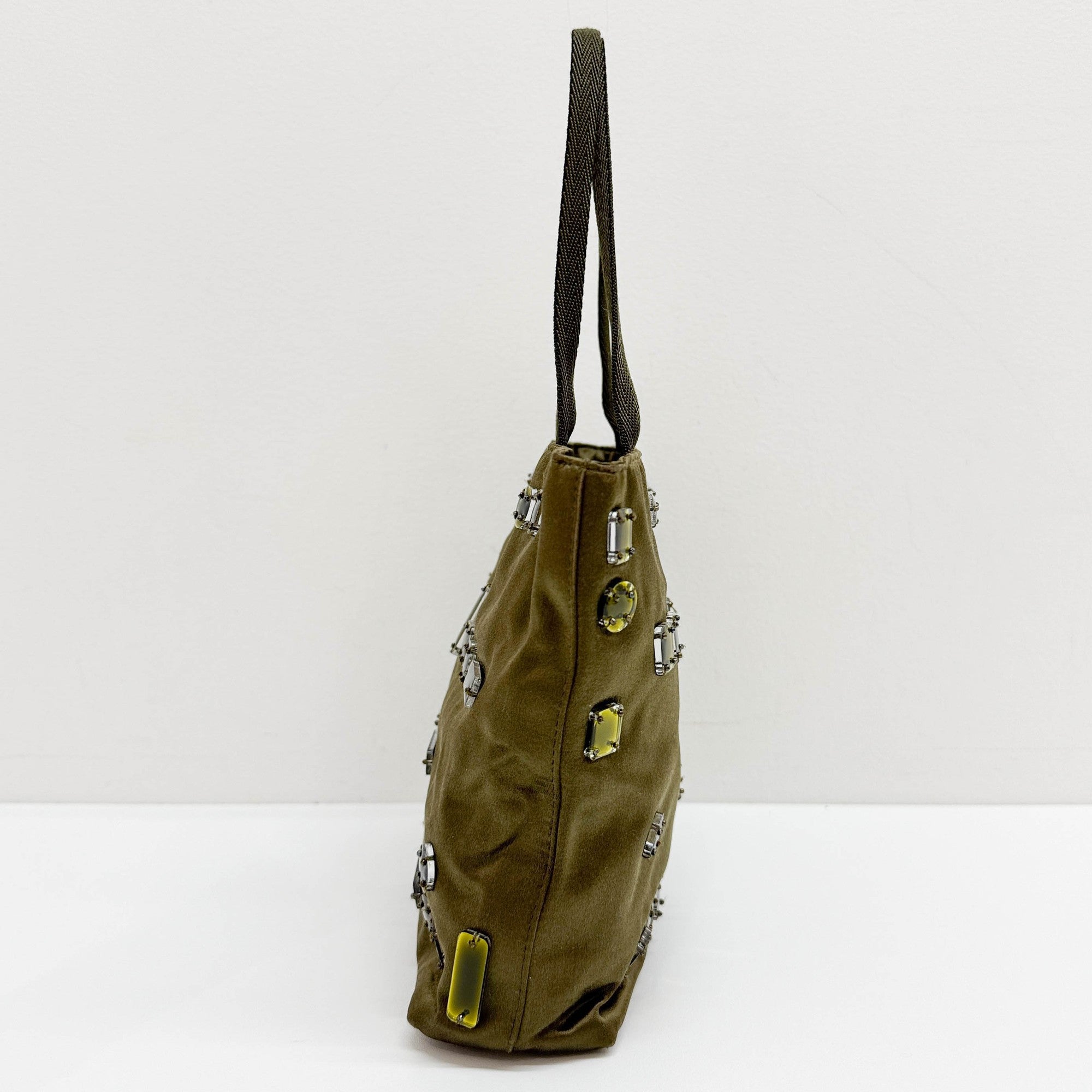 Bijoux Embroidery Olive Green Satin Handle Bag