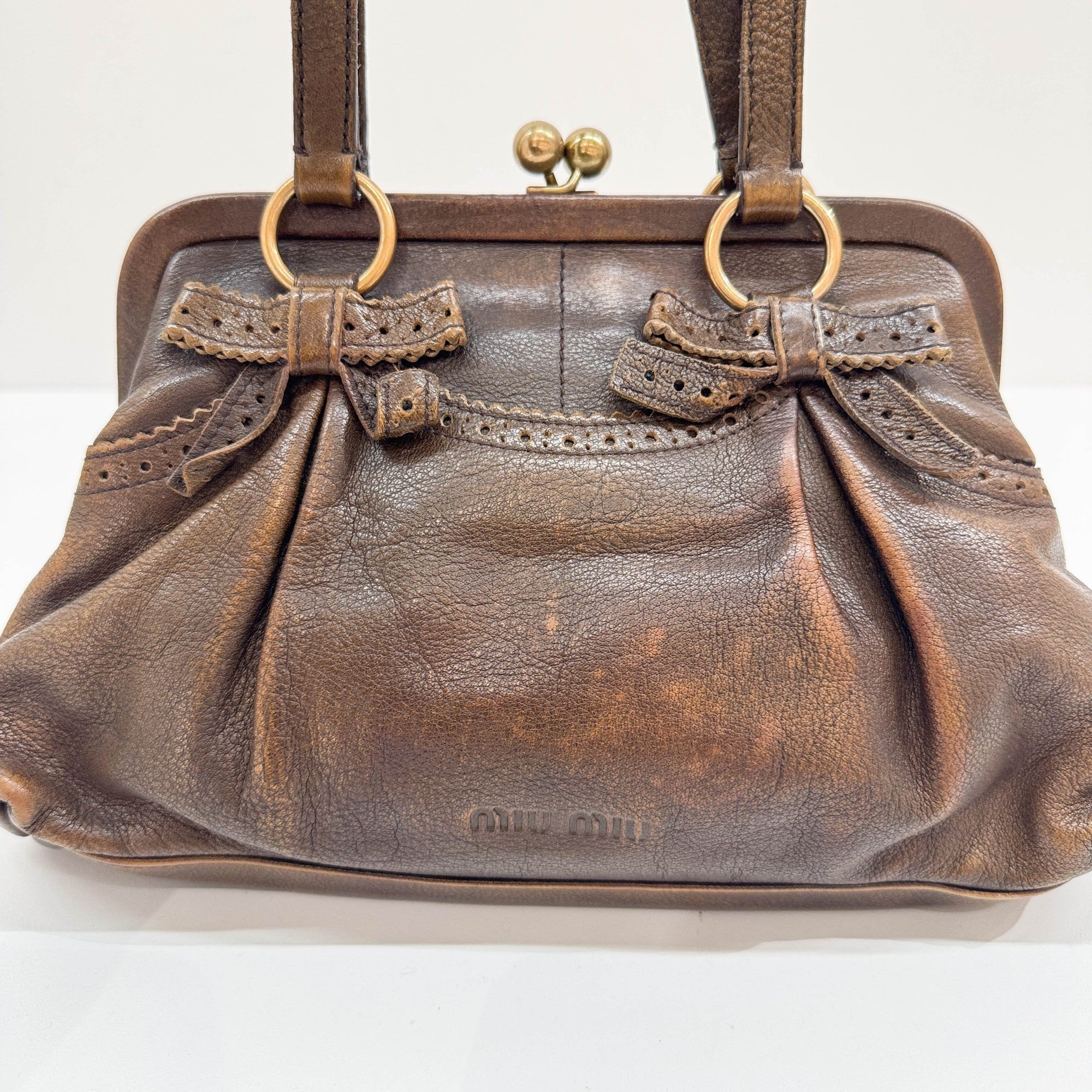 Kiss Lock Bow Brown Leather Shoulder Bag