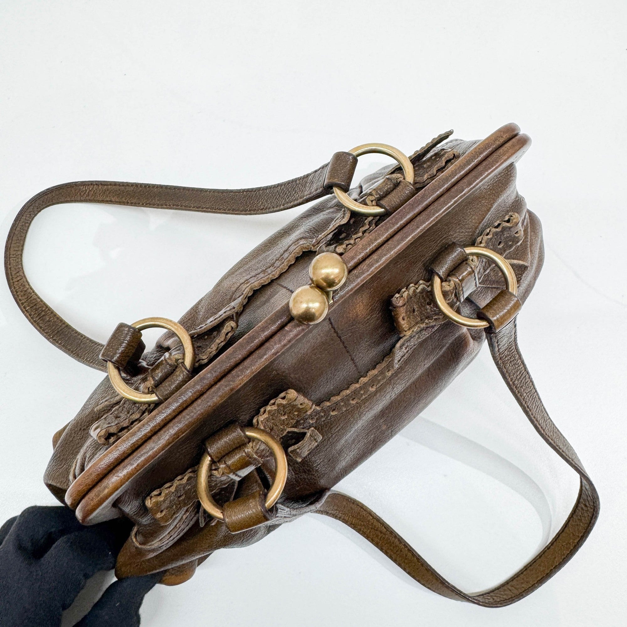 Kiss Lock Bow Brown Leather Shoulder Bag