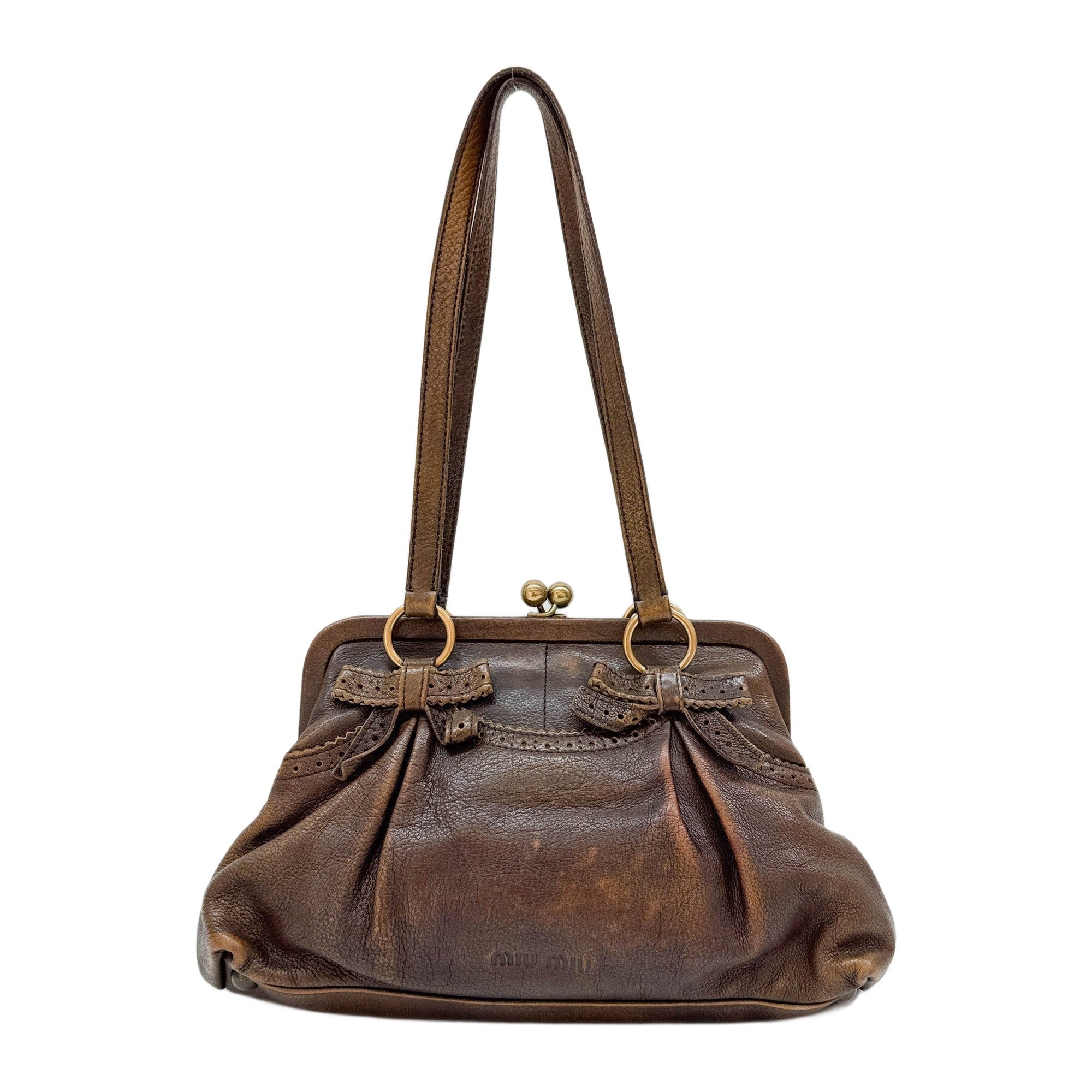 Kiss Lock Bow Brown Leather Shoulder Bag