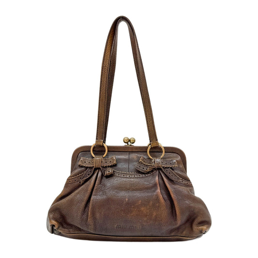 Kiss Lock Bow Brown Leather Shoulder Bag