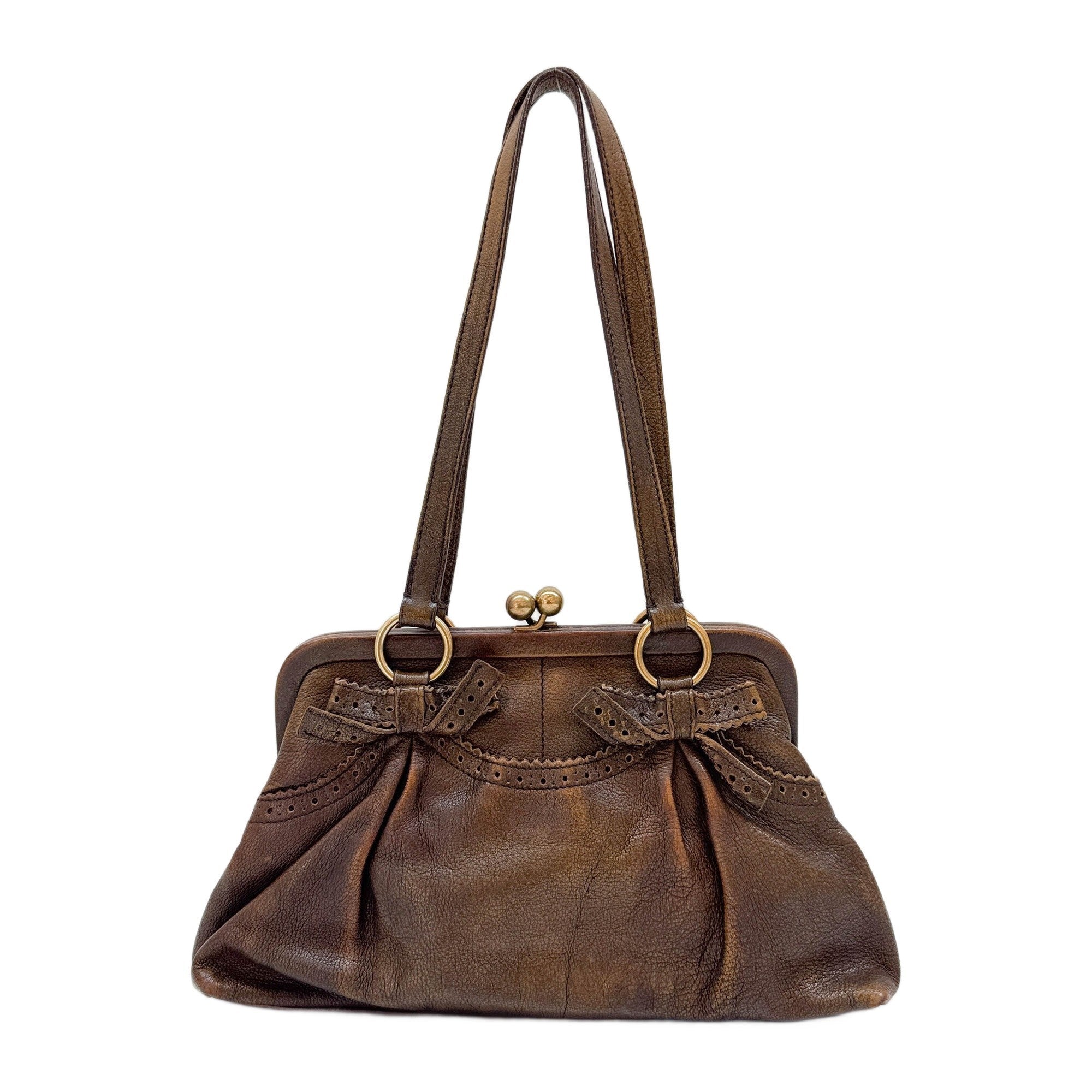 Kiss Lock Bow Brown Leather Shoulder Bag