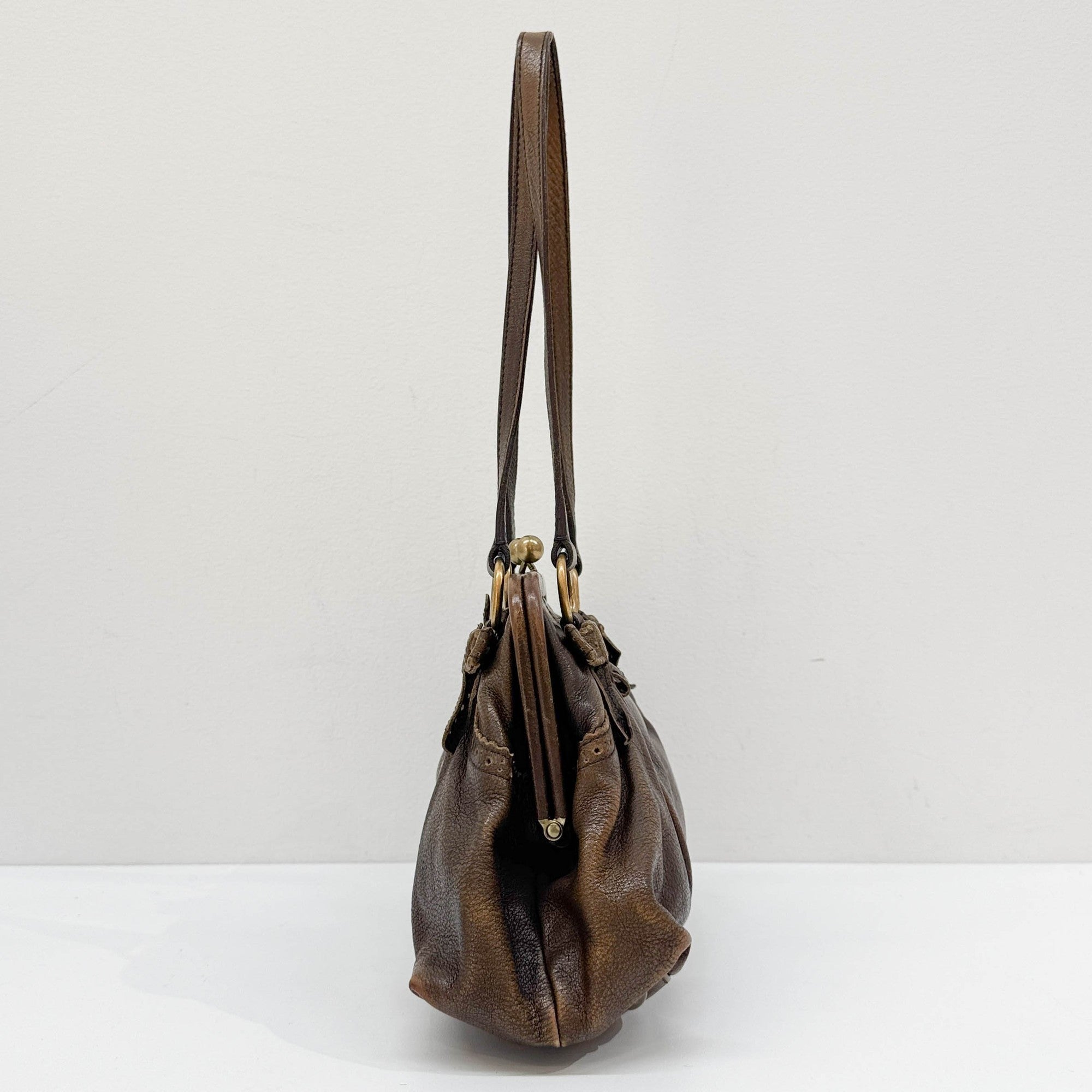 Kiss Lock Bow Brown Leather Shoulder Bag