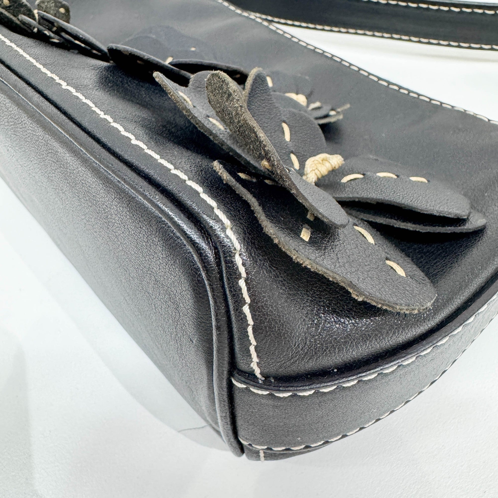 Floral Black Leather Shoulder Bag