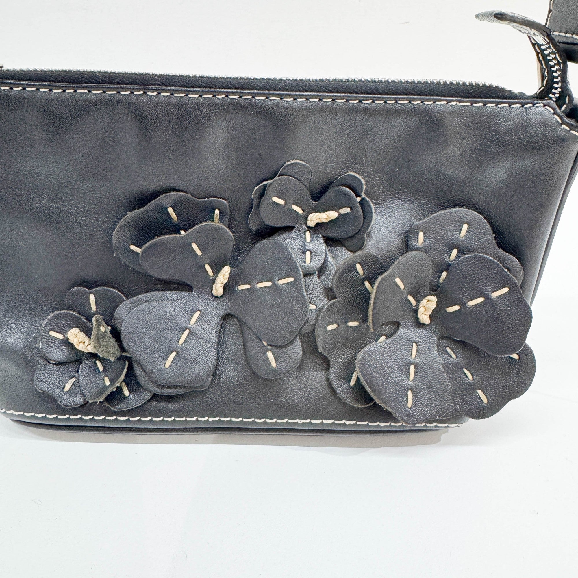 Floral Black Leather Shoulder Bag