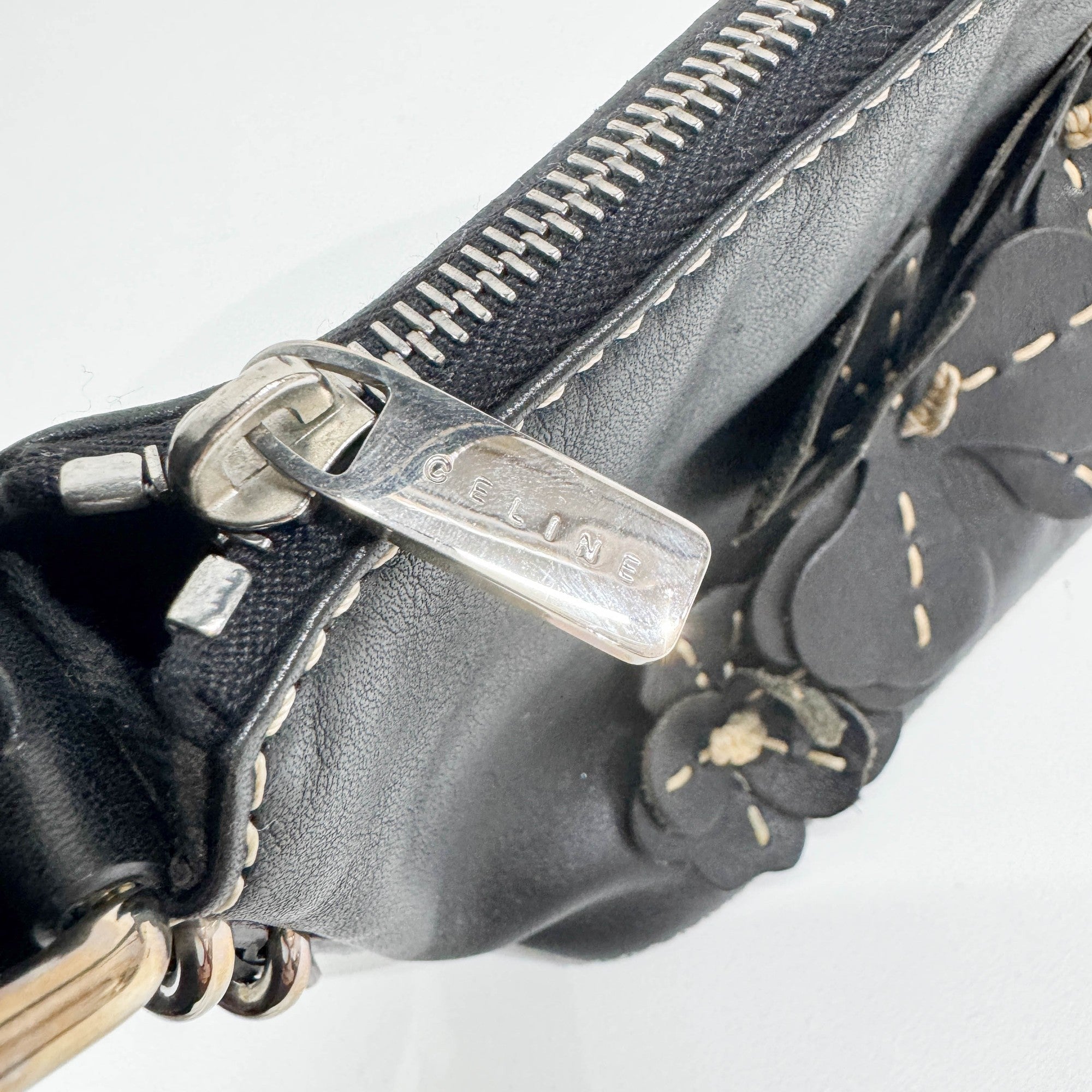 Floral Black Leather Shoulder Bag