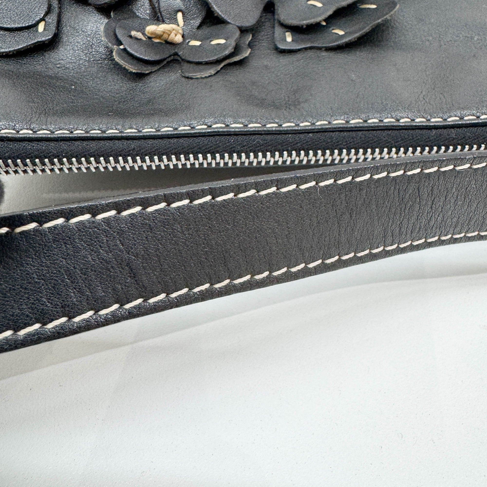 Floral Black Leather Shoulder Bag