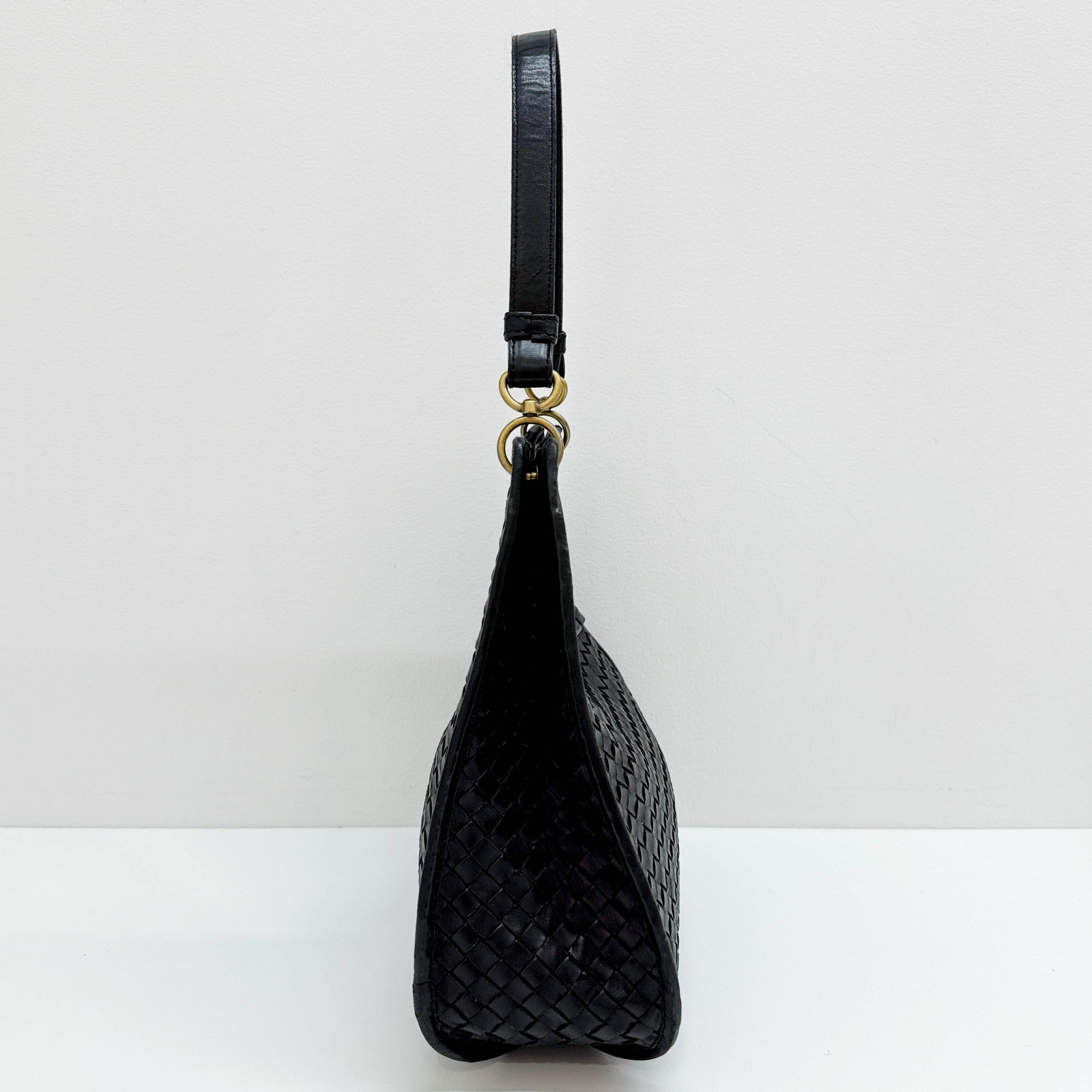 Intrecciato Black Leather Shoulder Bag