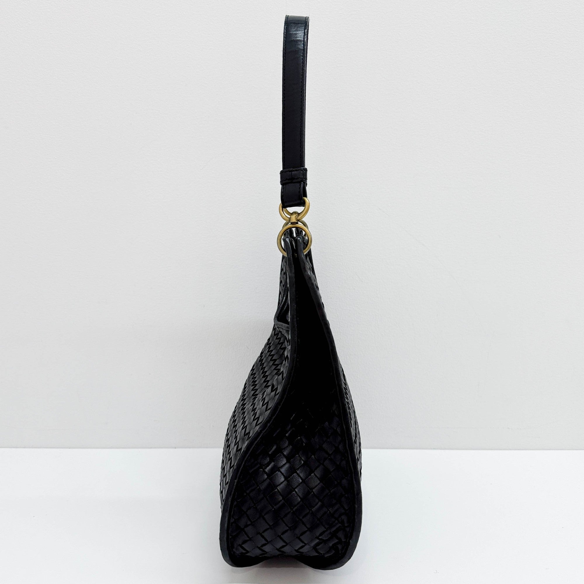 Intrecciato Black Leather Shoulder Bag