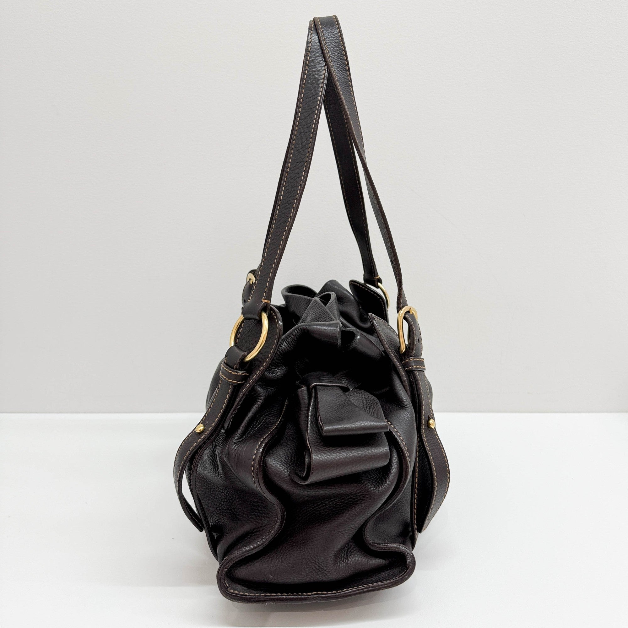 Vitello Lux Bow Bag Dark Brown Leather Shoulder Bag