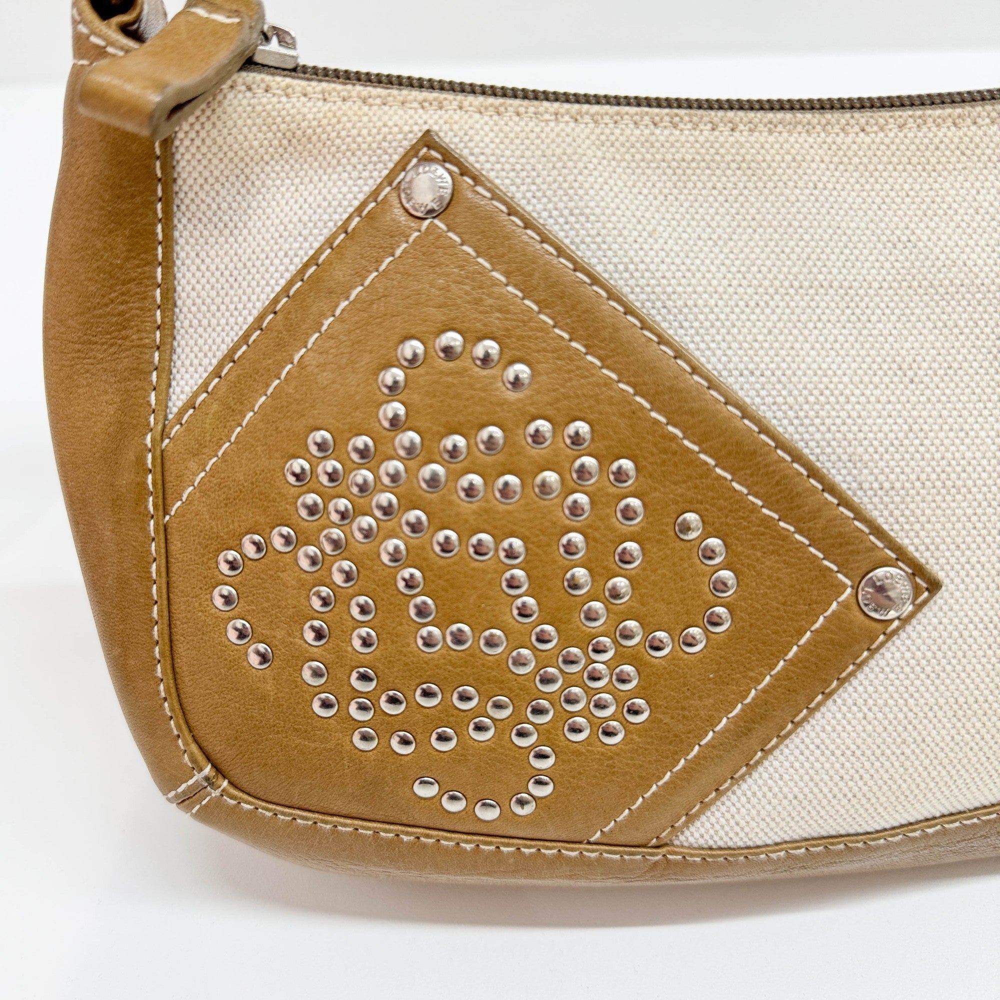 Studded Anagram Tan Canvas & Leather Shoulder Bag