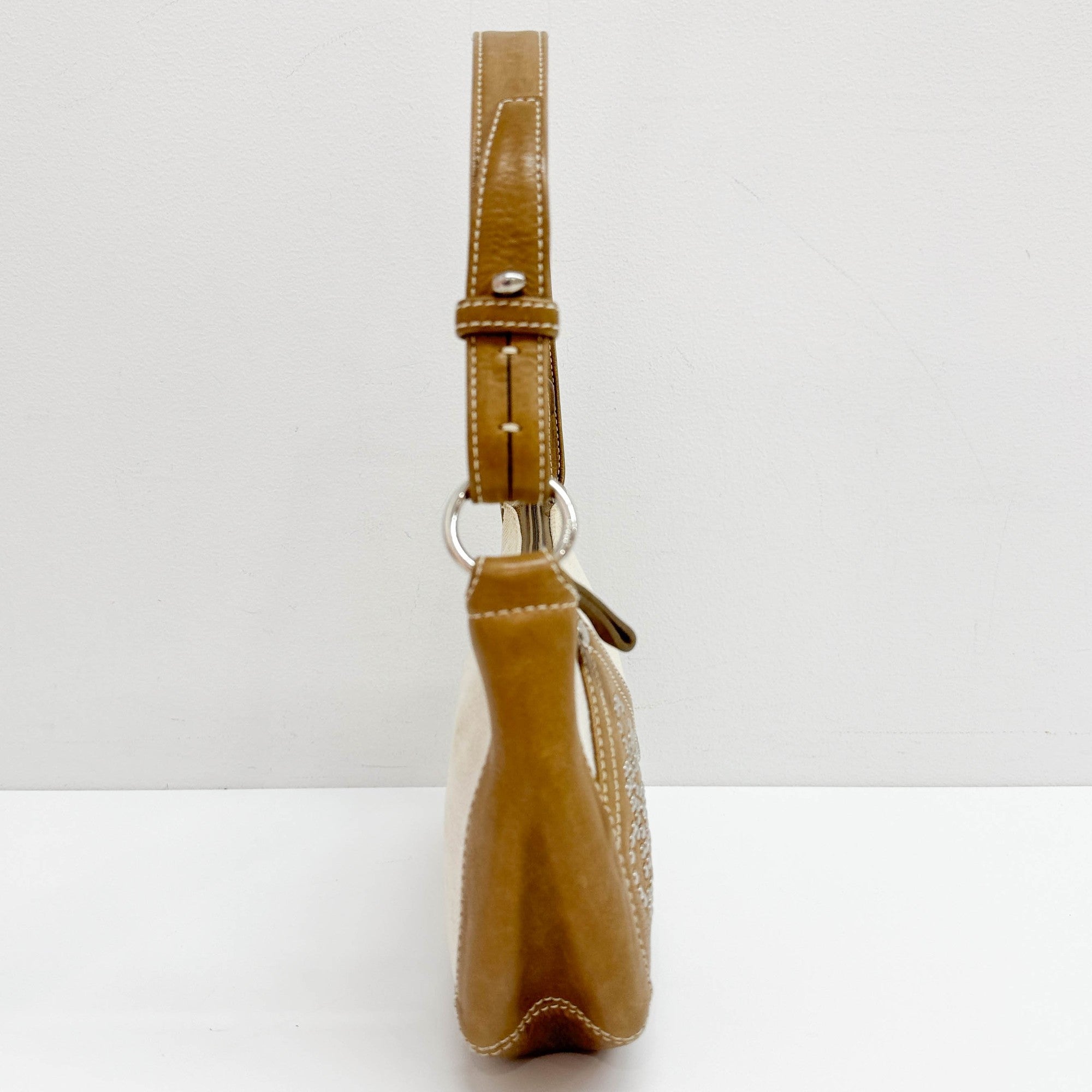 Studded Anagram Tan Canvas & Leather Shoulder Bag