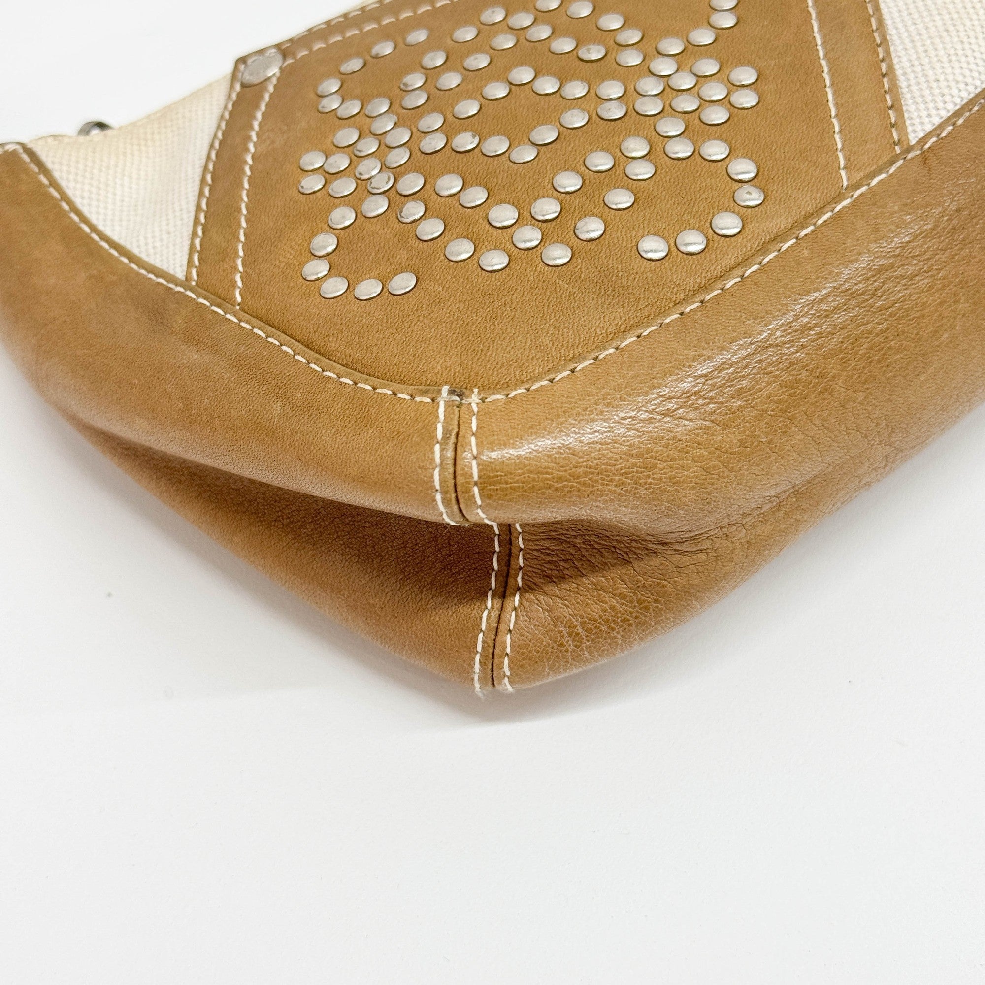 Studded Anagram Tan Canvas & Leather Shoulder Bag
