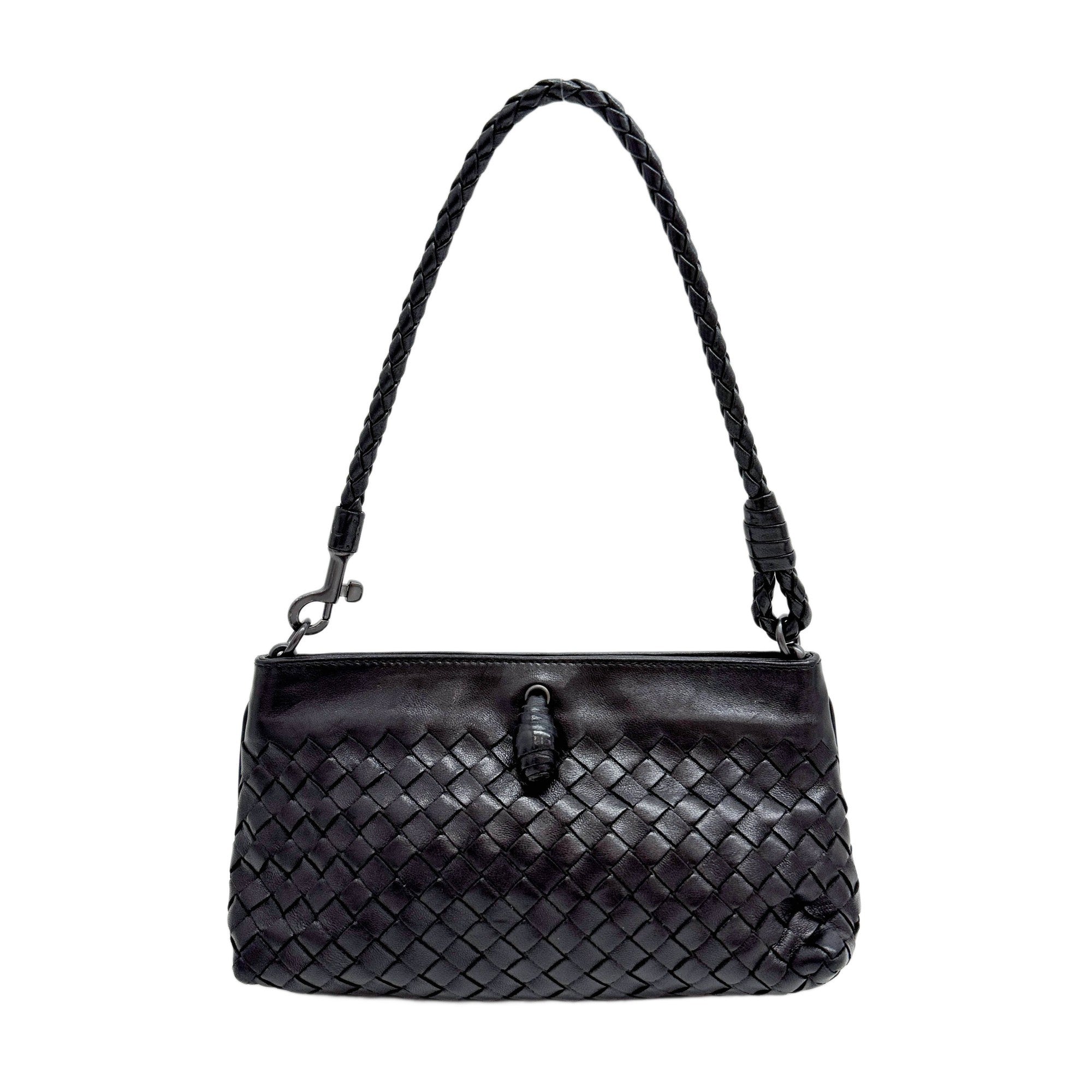 Intrecciato Black Leather Shoulder Bag