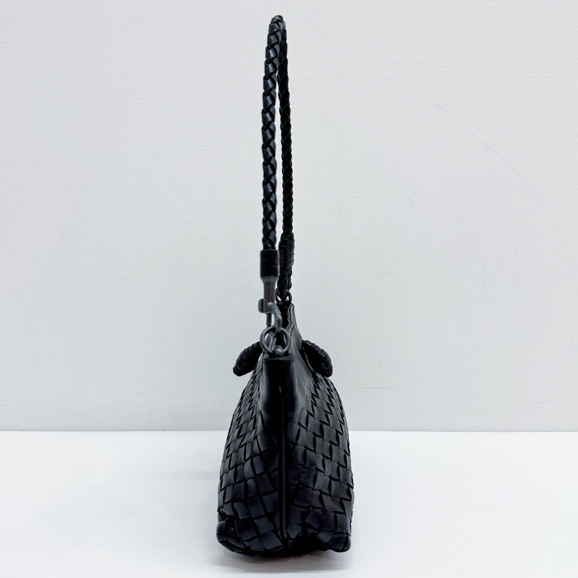 Intrecciato Black Leather Shoulder Bag