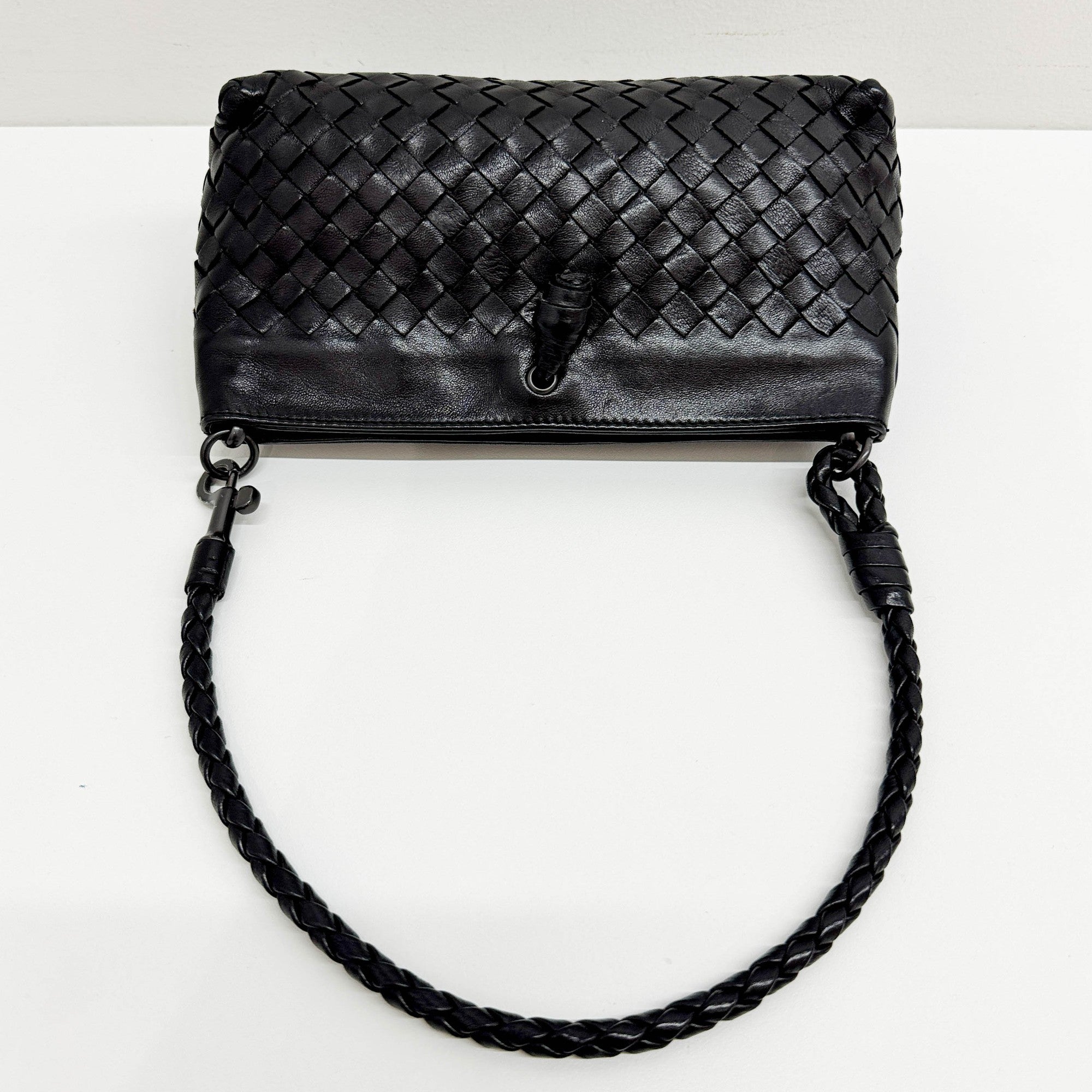 Intrecciato Black Leather Shoulder Bag