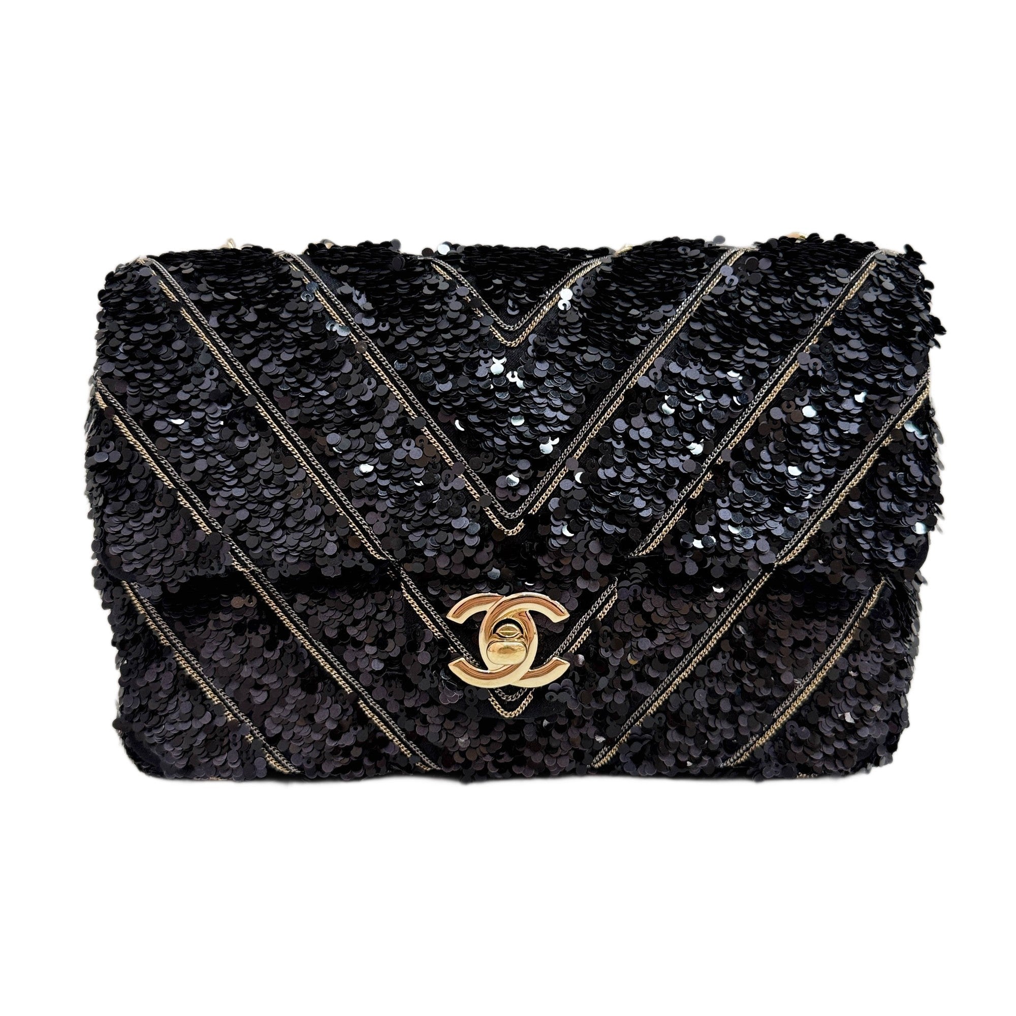 Mini Classic Flap Chevron Black Sequin Shoulder Bag