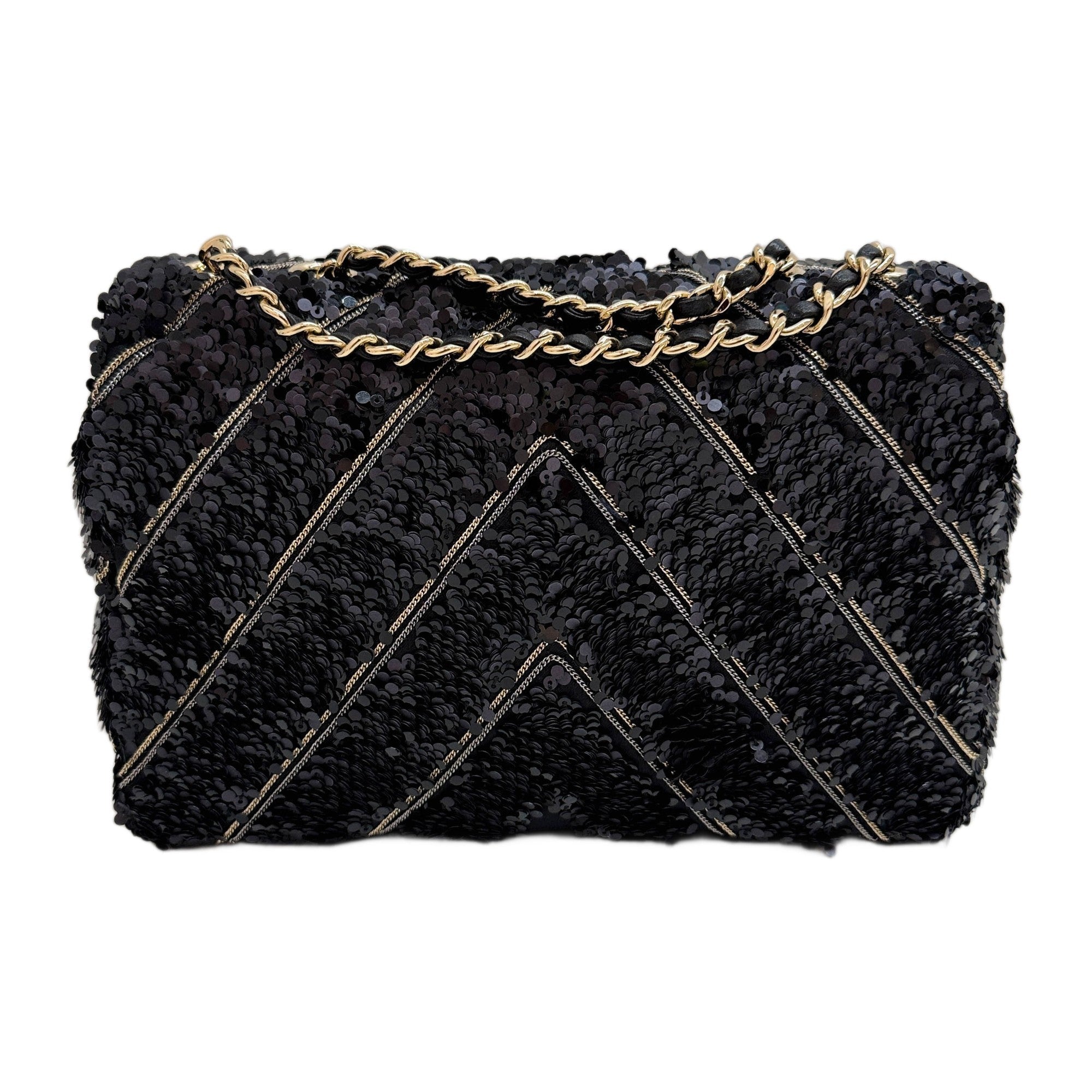 Mini Classic Flap Chevron Black Sequin Shoulder Bag