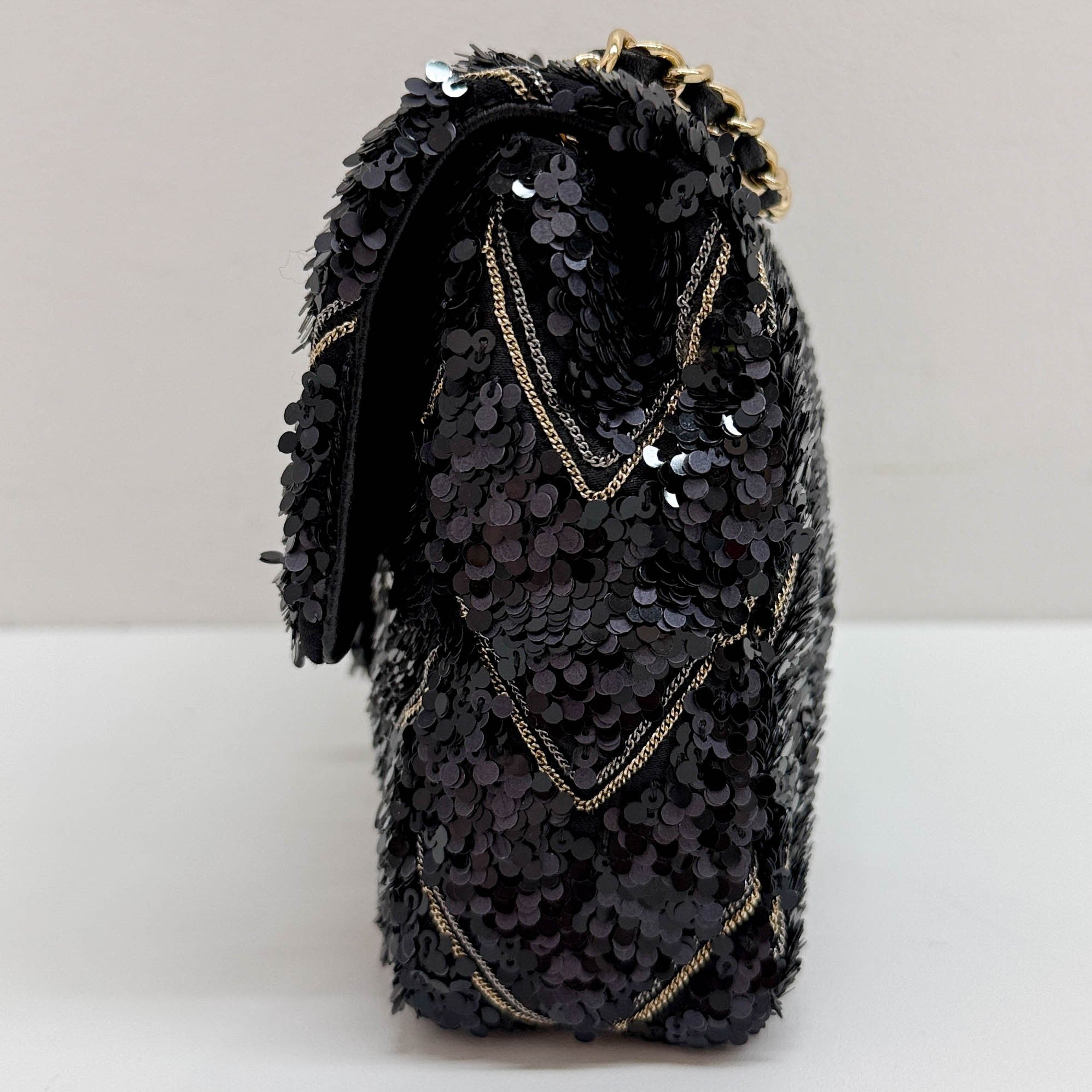 Mini Classic Flap Chevron Black Sequin Shoulder Bag