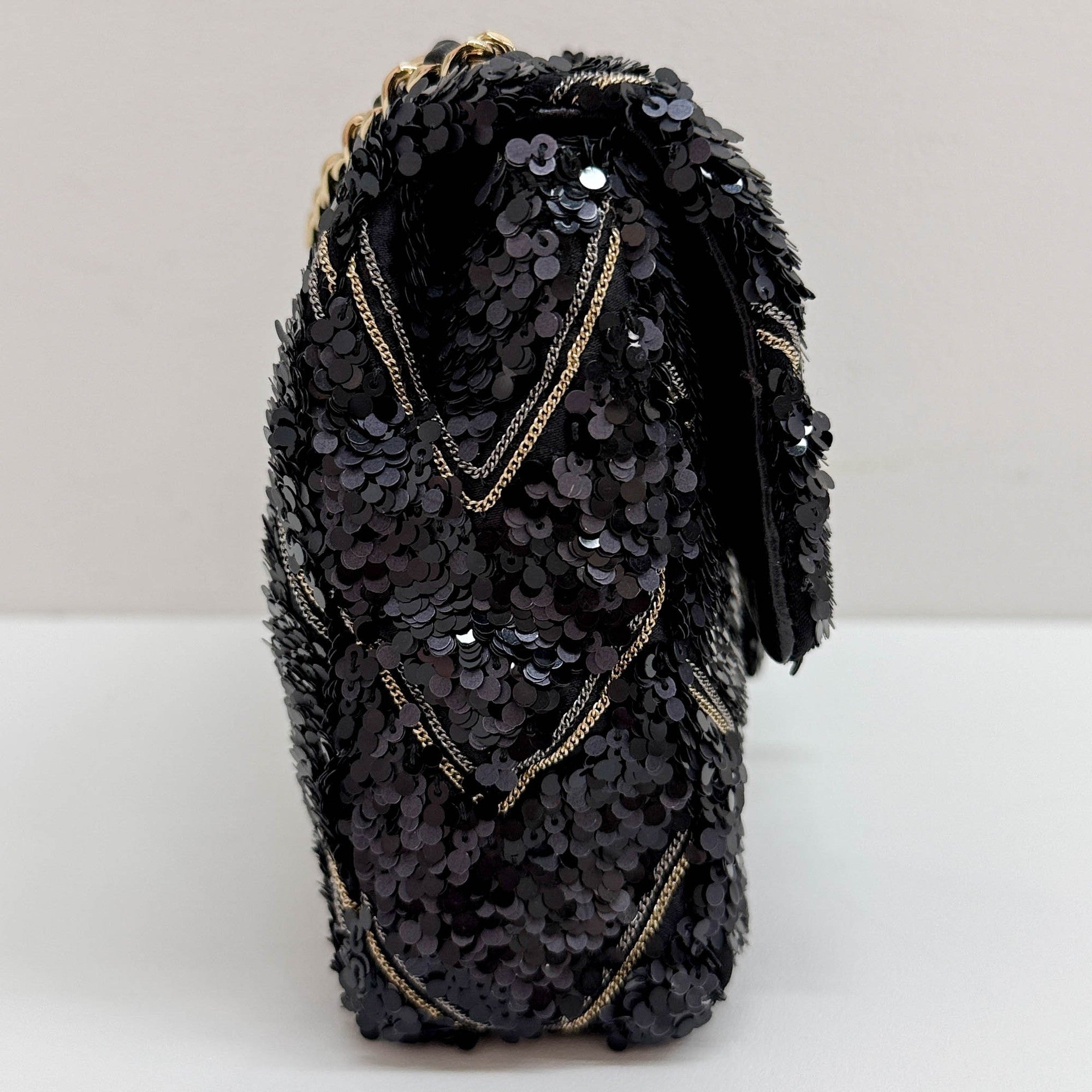 Mini Classic Flap Chevron Black Sequin Shoulder Bag