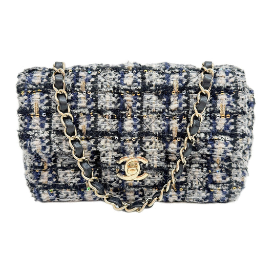 Mini Classic Flap Blue, Black, & White Tweed Shoulder Bag