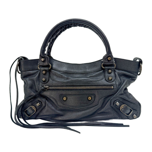 The First Black Lizard Embossed Leather Hand Bag