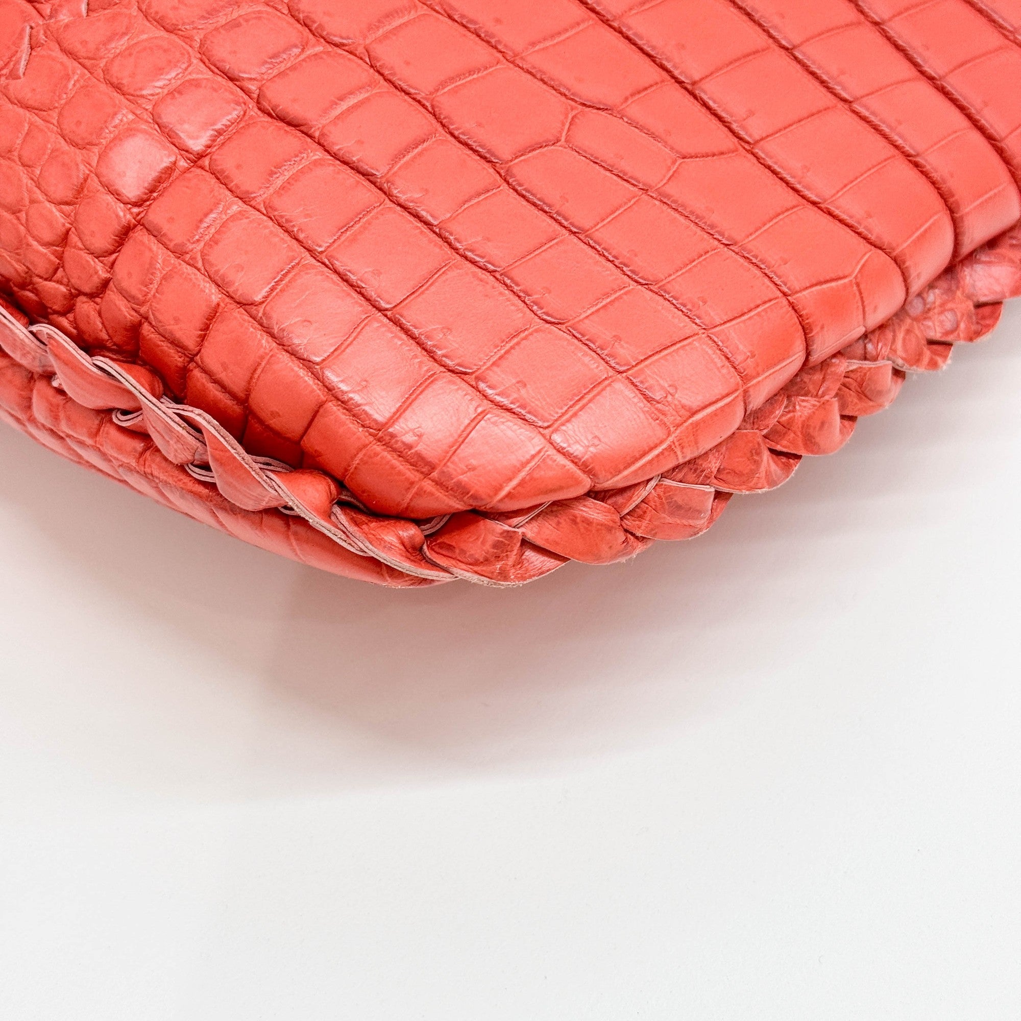 Cervo Hobo Blood Orange Croc Embossed Leather Shoulder Bag
