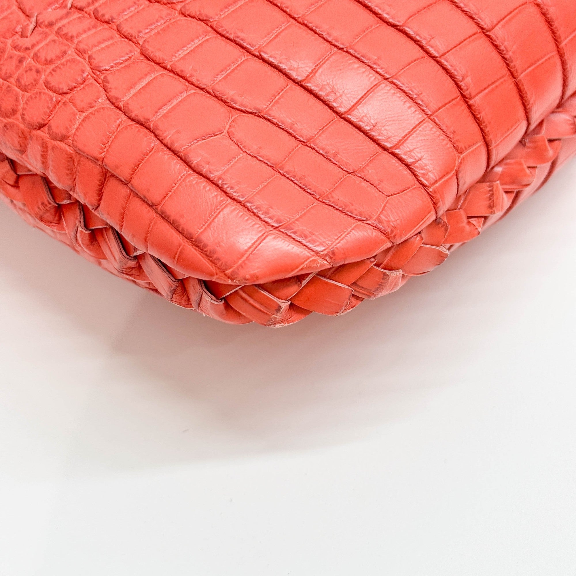 Cervo Hobo Blood Orange Croc Embossed Leather Shoulder Bag