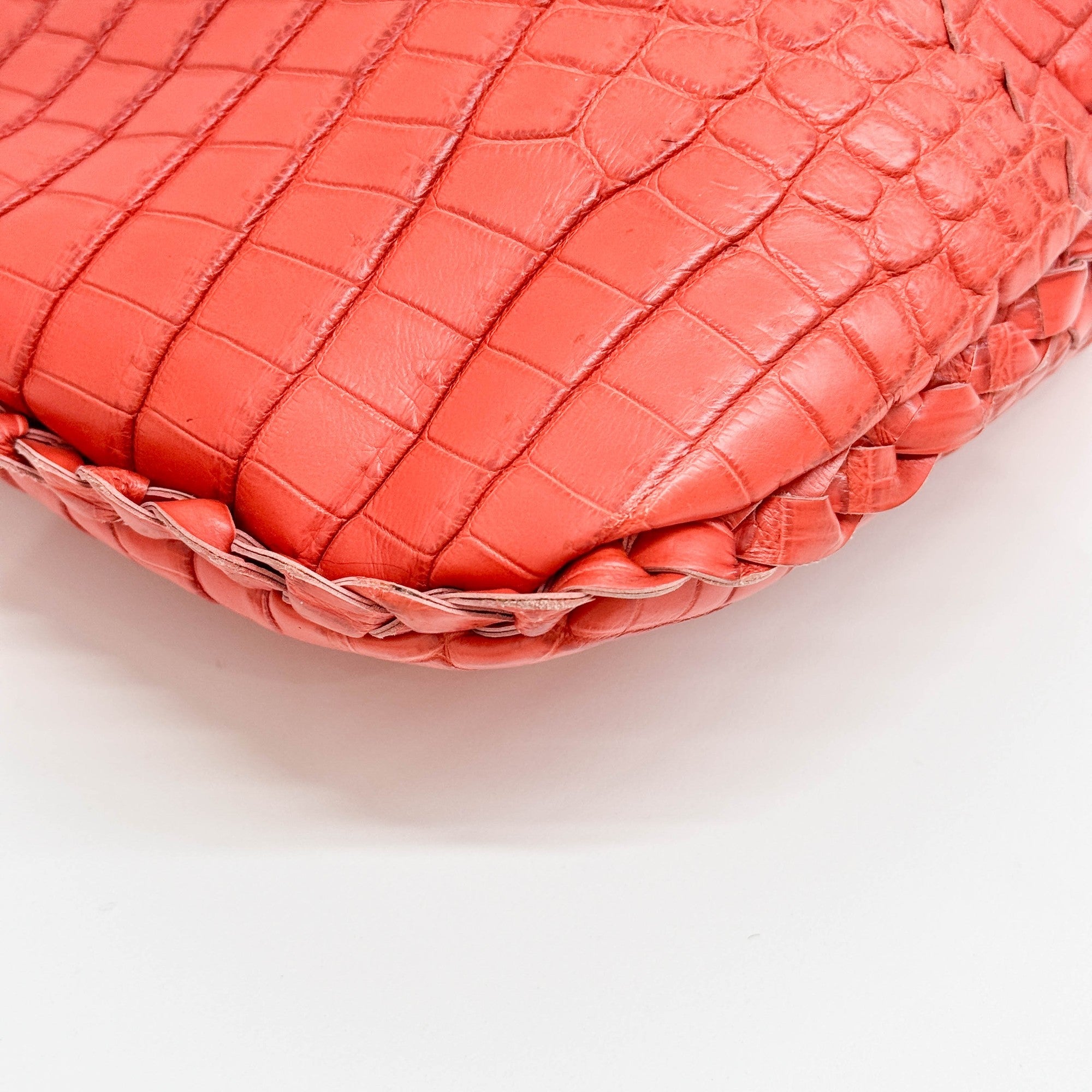 Cervo Hobo Blood Orange Croc Embossed Leather Shoulder Bag