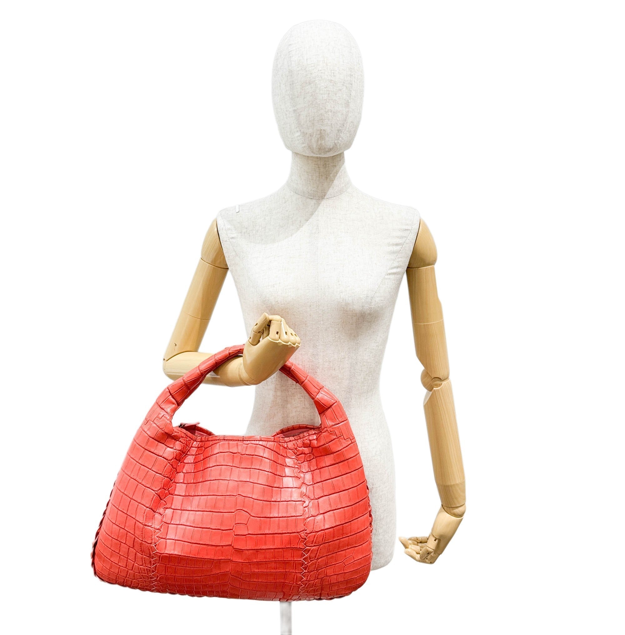 Cervo Hobo Blood Orange Croc Embossed Leather Shoulder Bag