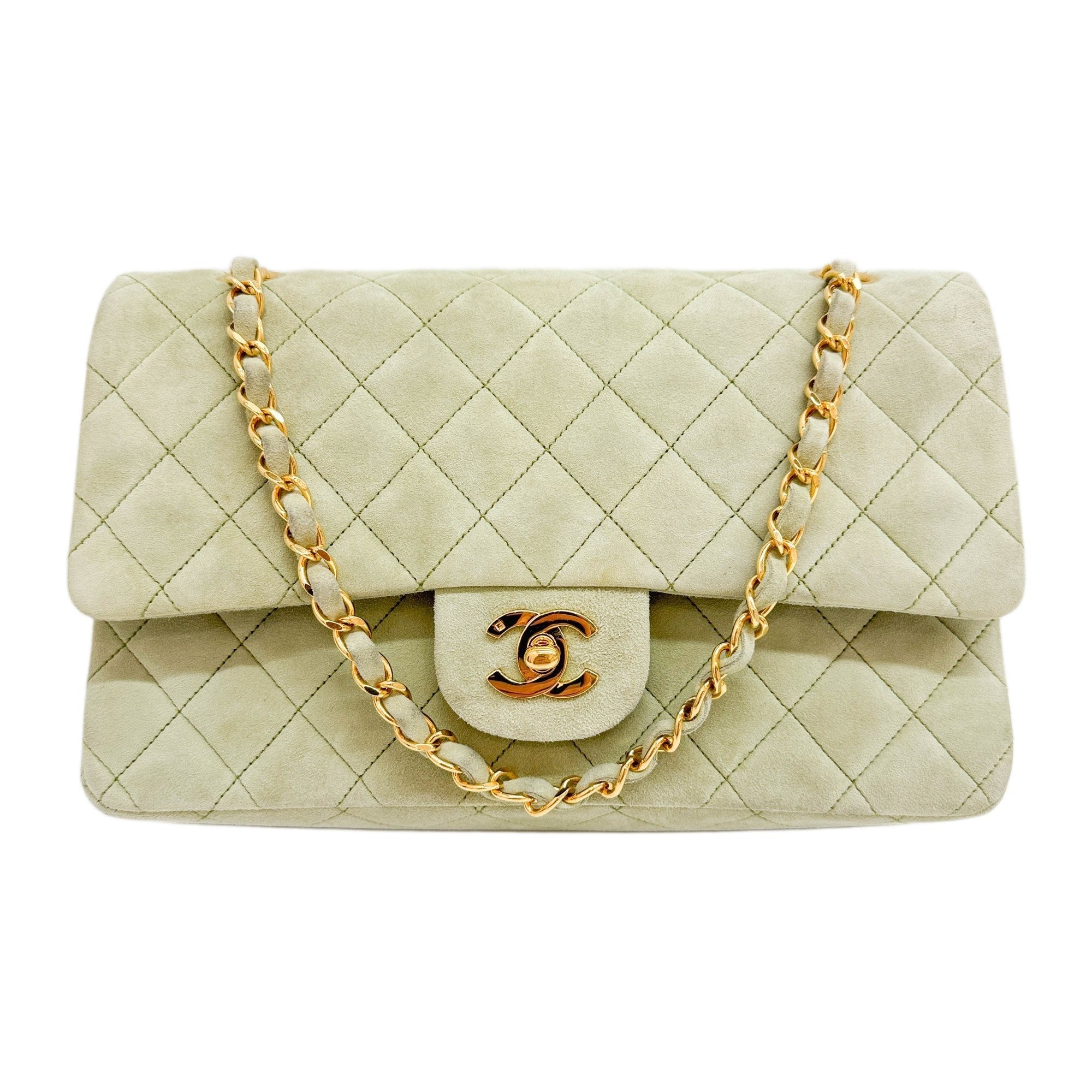 Double Flap Matelasse 25 Green Suede Chain Shoulder Bag