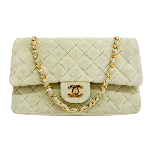 Double Flap Matelasse 25 Green Suede Chain Shoulder Bag