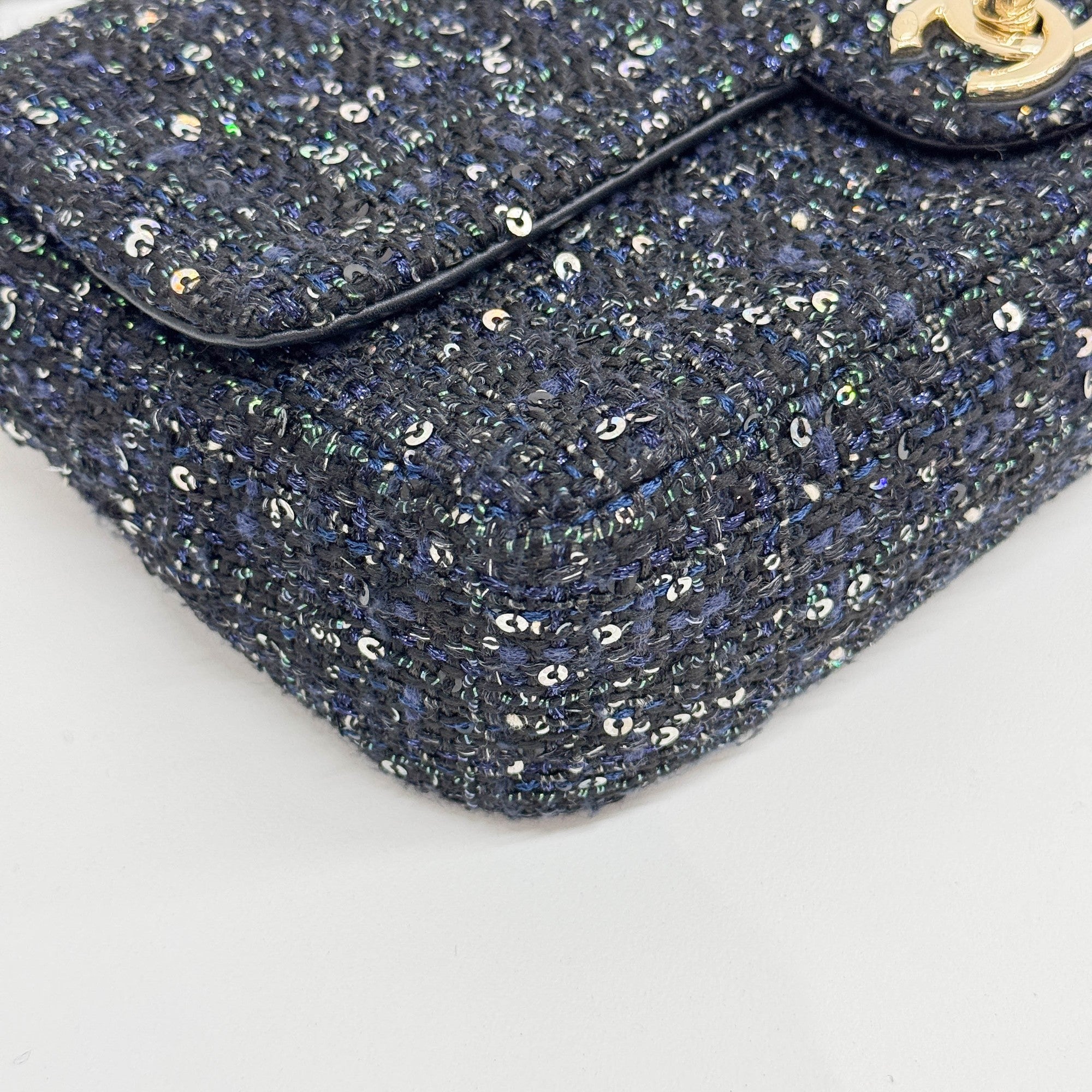 Double Flap Navy Tweed with Multi-color Sequin Pearl Detail Shoulder Strap Bag