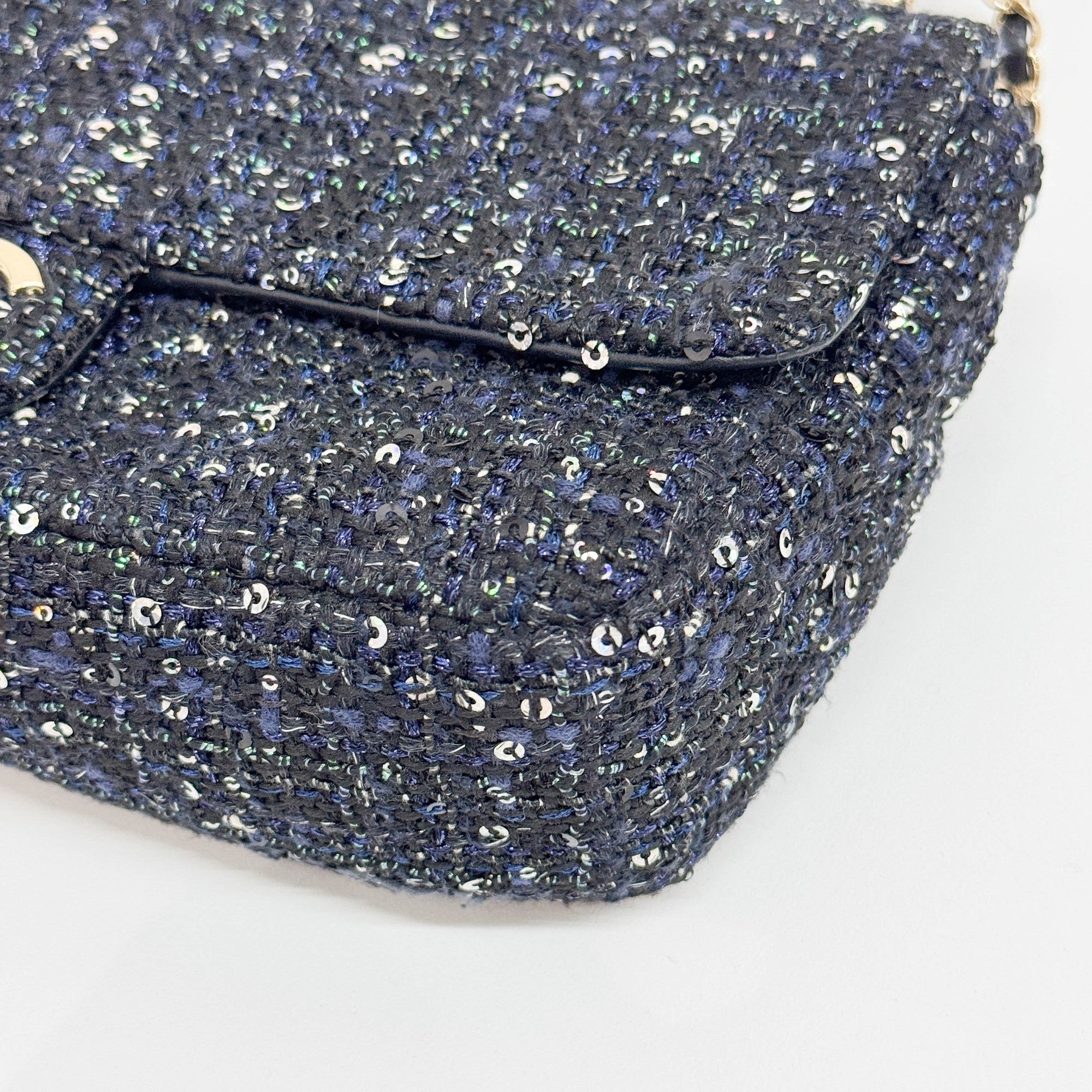 Double Flap Navy Tweed with Multi-color Sequin Pearl Detail Shoulder Strap Bag