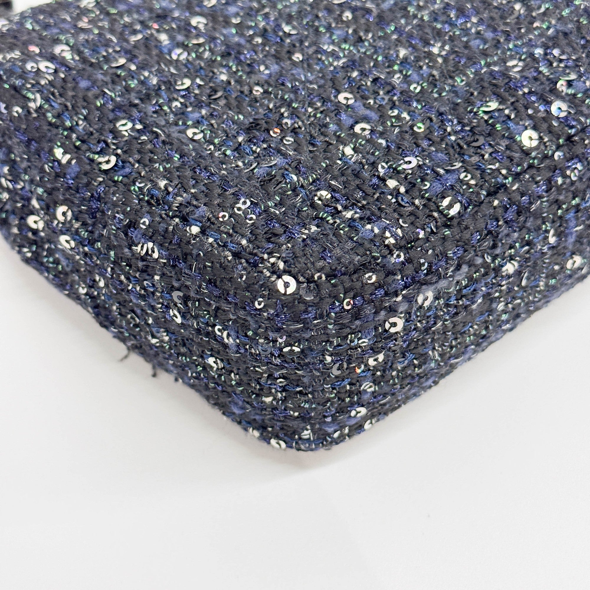 Double Flap Navy Tweed with Multi-color Sequin Pearl Detail Shoulder Strap Bag