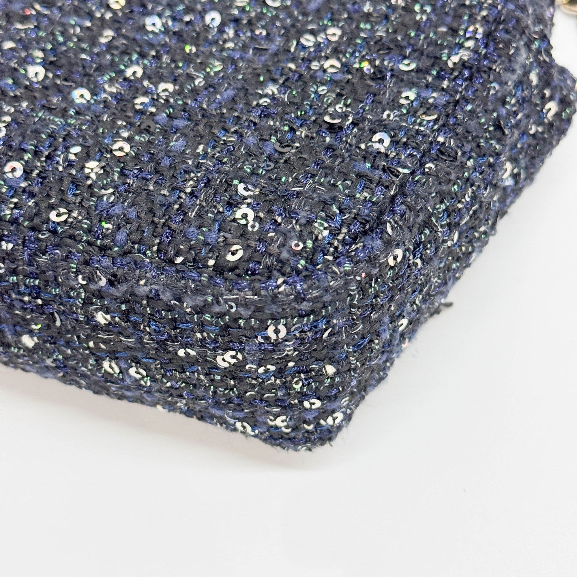 Double Flap Navy Tweed with Multi-color Sequin Pearl Detail Shoulder Strap Bag