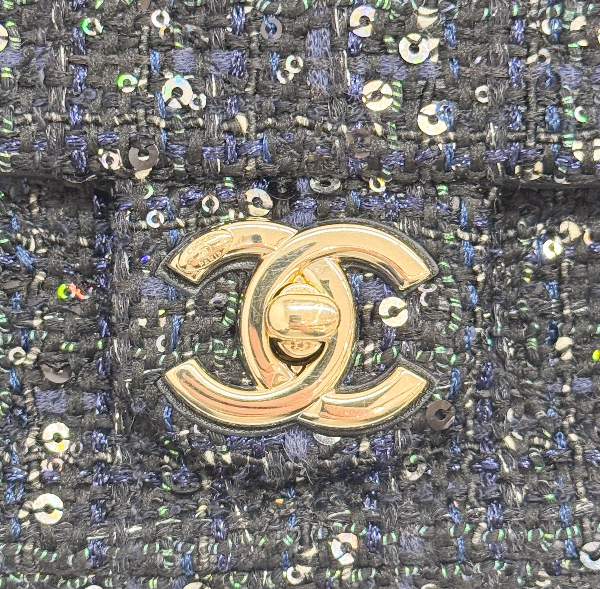 Double Flap Navy Tweed with Multi-color Sequin Pearl Detail Shoulder Strap Bag