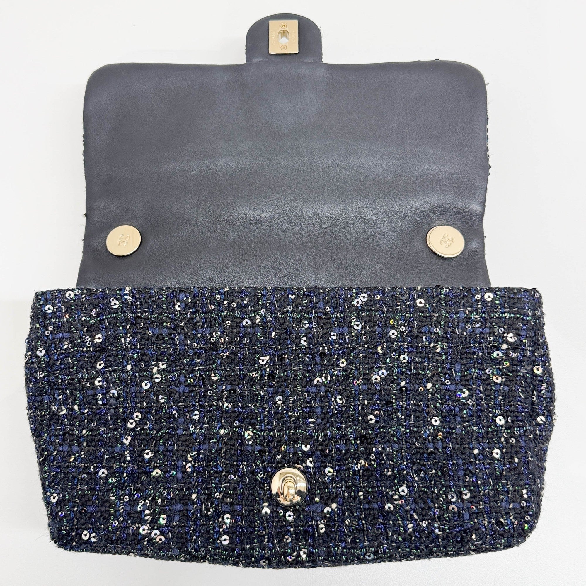 Double Flap Navy Tweed with Multi-color Sequin Pearl Detail Shoulder Strap Bag