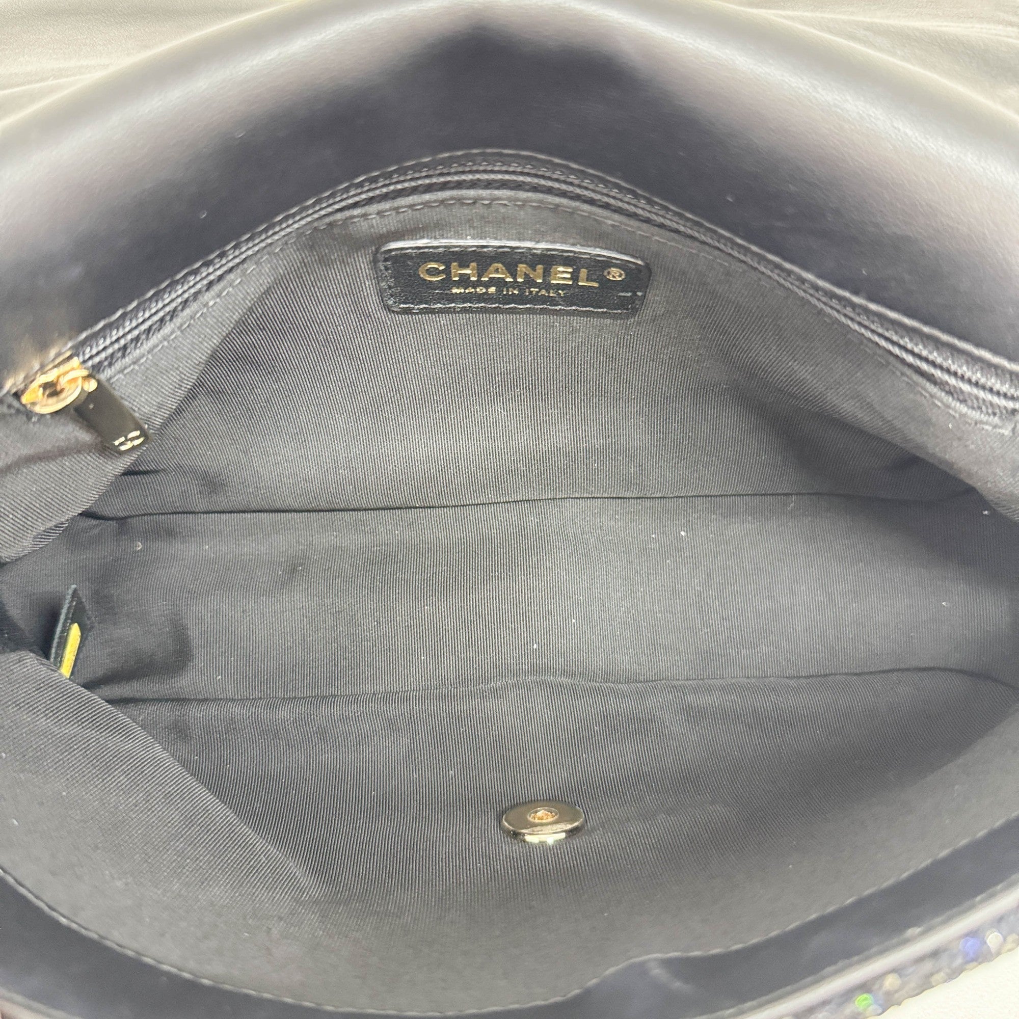 Double Flap Navy Tweed with Multi-color Sequin Pearl Detail Shoulder Strap Bag