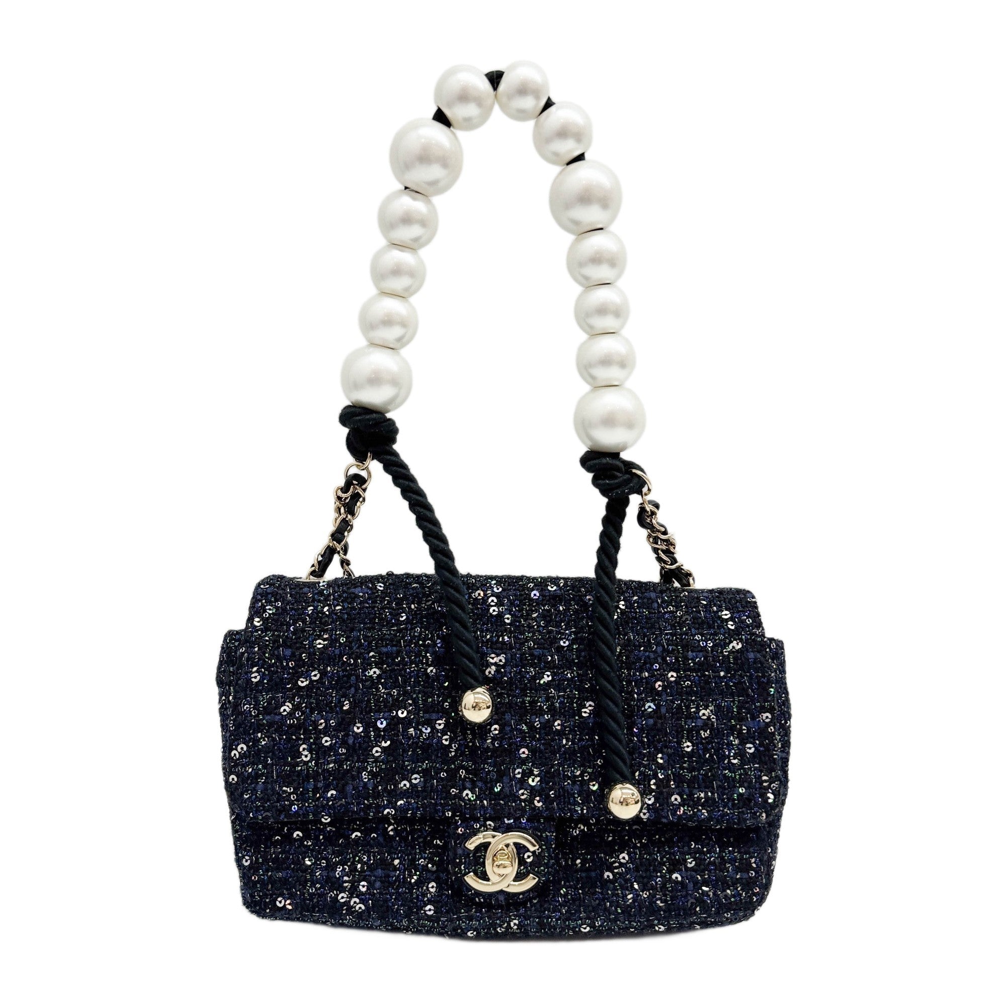 Double Flap Navy Tweed with Multi-color Sequin Pearl Detail Shoulder Strap Bag