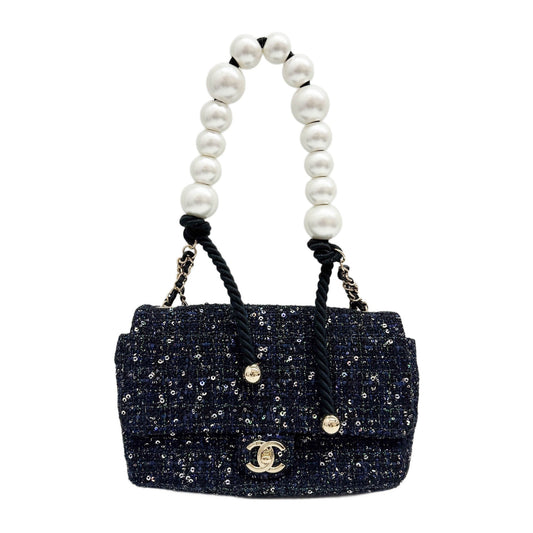Double Flap Navy Tweed with Multi-color Sequin Pearl Detail Shoulder Strap Bag